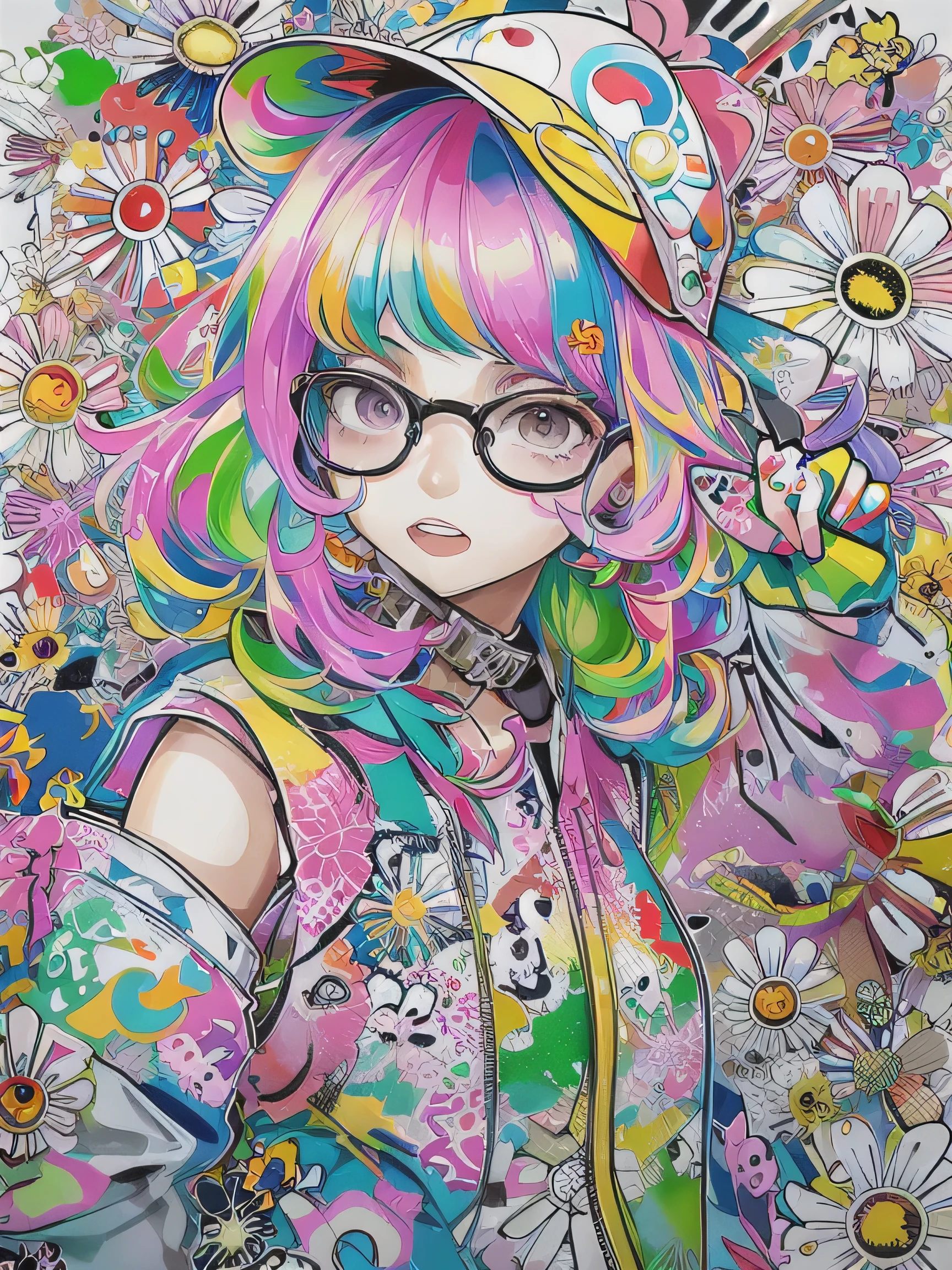 Takashi Murakami style、8K quality, watercolor painting, stylish design, (((The strongest beautiful girl of all time))), (((Japanese)))、Idol、clear, stylish glasses, Fashionable hats, (((highest quality))), bob hair, Place your hands on the wall, HDR, ((Detailed details)), stylish fashion, detailed clothing texture, (((graffiti art))), colorful hair, ((masterpiece))、((Super detailed))、colorful flowers