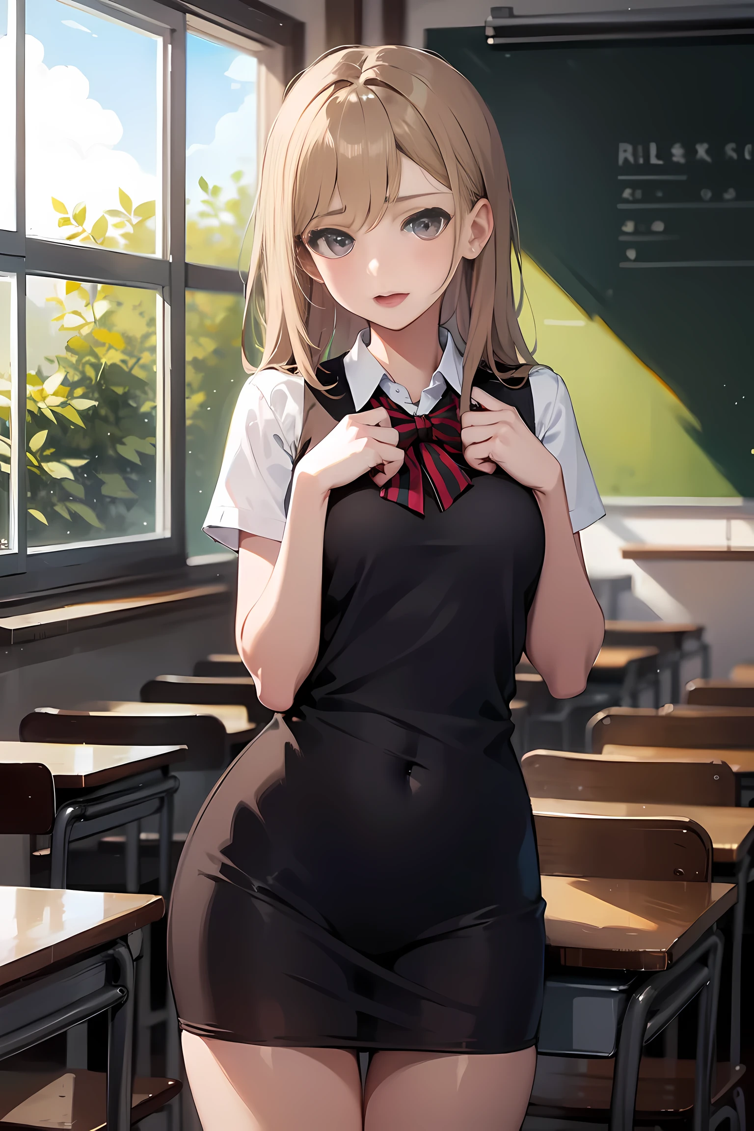 Beautiful teenage girl , standing in front of the class 