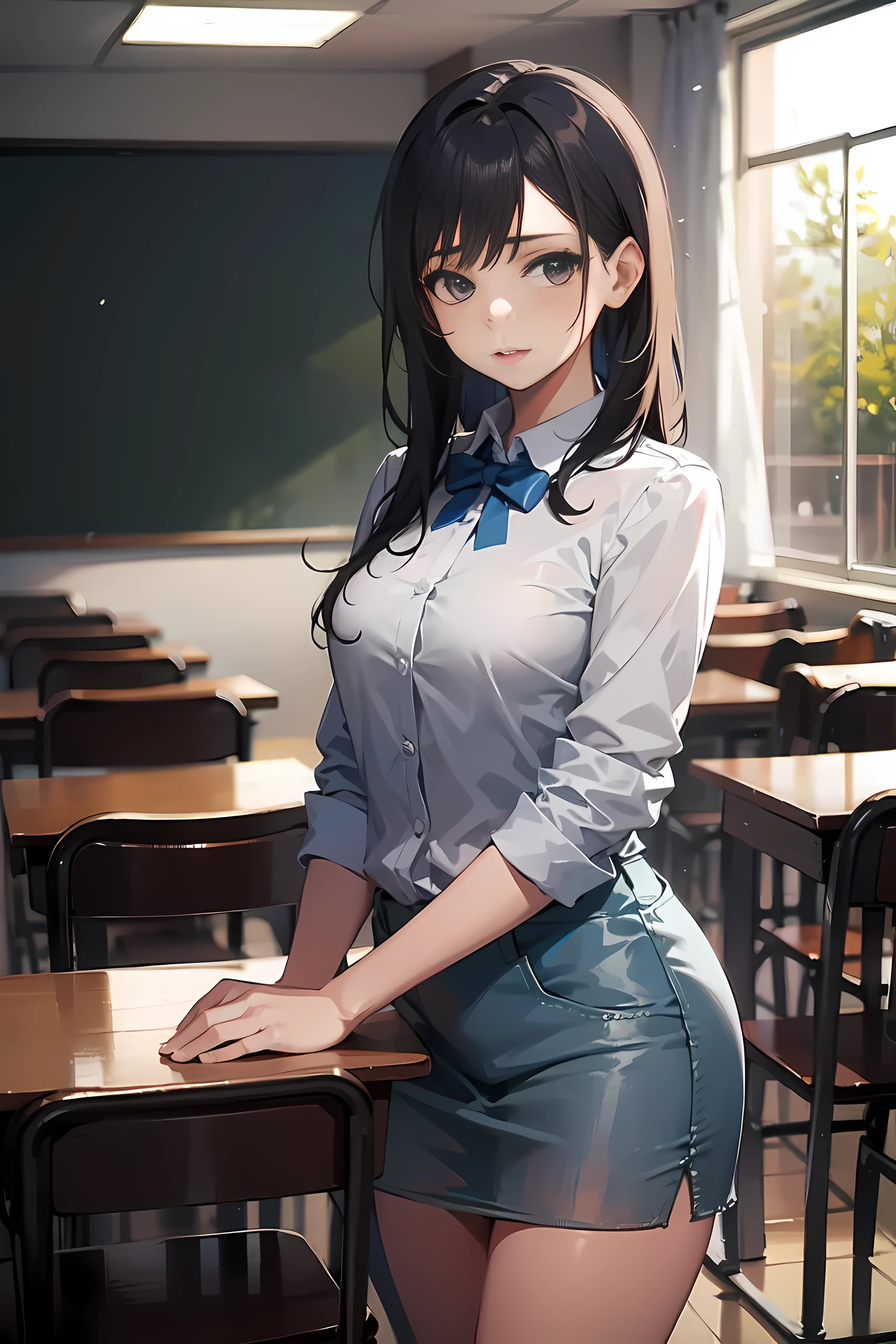 Beautiful  girl , standing in front of the class 