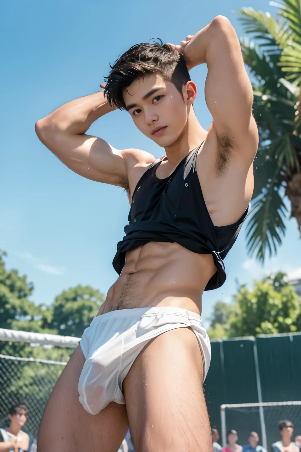 Laying down on the court, Sport sleeveless shirt, bend over, Very sunny day, very wet body, Hairy stomatch, very hairy abs, Very bushy hairy armpits, hairy pubic, hairy crotch, white sleeveless shirt, Super Realistic photography, PROUDLY SHOWING OFF HIS BODY, Cute student Wearing white tanktop, NO PANTS, DETAILED, sexy student, wearing soaked tanktop, ABS EXPOSED, Very wet body, very wet, crowded outdoor school court, pantless just wearing soaked white thong, Showing off his very hairy armpits, Slim fit body, teen, very cute boy face, 17 yearsry young teenager boy, Amazinort court scenery, in the middle of Crowded court, dickprint, Sweat dripping all over the body, Proudly showing off his sweaty very hairy armpits to student in the sport court, The colors are bright and vibrant, enhancing the overall aesthetic. The lighting is soft and natural, casting a soft glow on the boy, don't merge body's, detailed eyes and lips, sixpack and fit body. Image quality is of the highest standard, with ultra-detailed features and a realistic appearance.