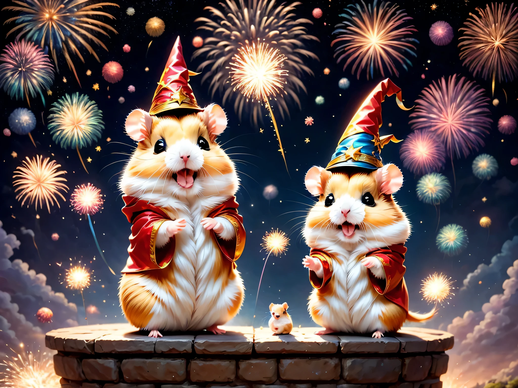 firework,hamstania,festival,magic hamster ,((ハムスターwizard:great joy:please raise your hand:open your mouth:jump:wizard&#39;hat of)),magic wand,,Wizard costume details:colorful:draw a pattern with gold and silver,celebration,((空にはたくさんの線香fireworkがあがりました:colorful)),,,castle balcony,lots of stars,about,Beautiful light effect,,masterpiece,highest quality,fluffy hamster,Chibi,cute,fun,happiness,,magic light,,wonderful,colorfulな空の詳細,anatomically correct,all the best,,Little hamster,最高にcuteハムスター，fantasy,randolph caldecott style,enlightenment,watercolor painting,