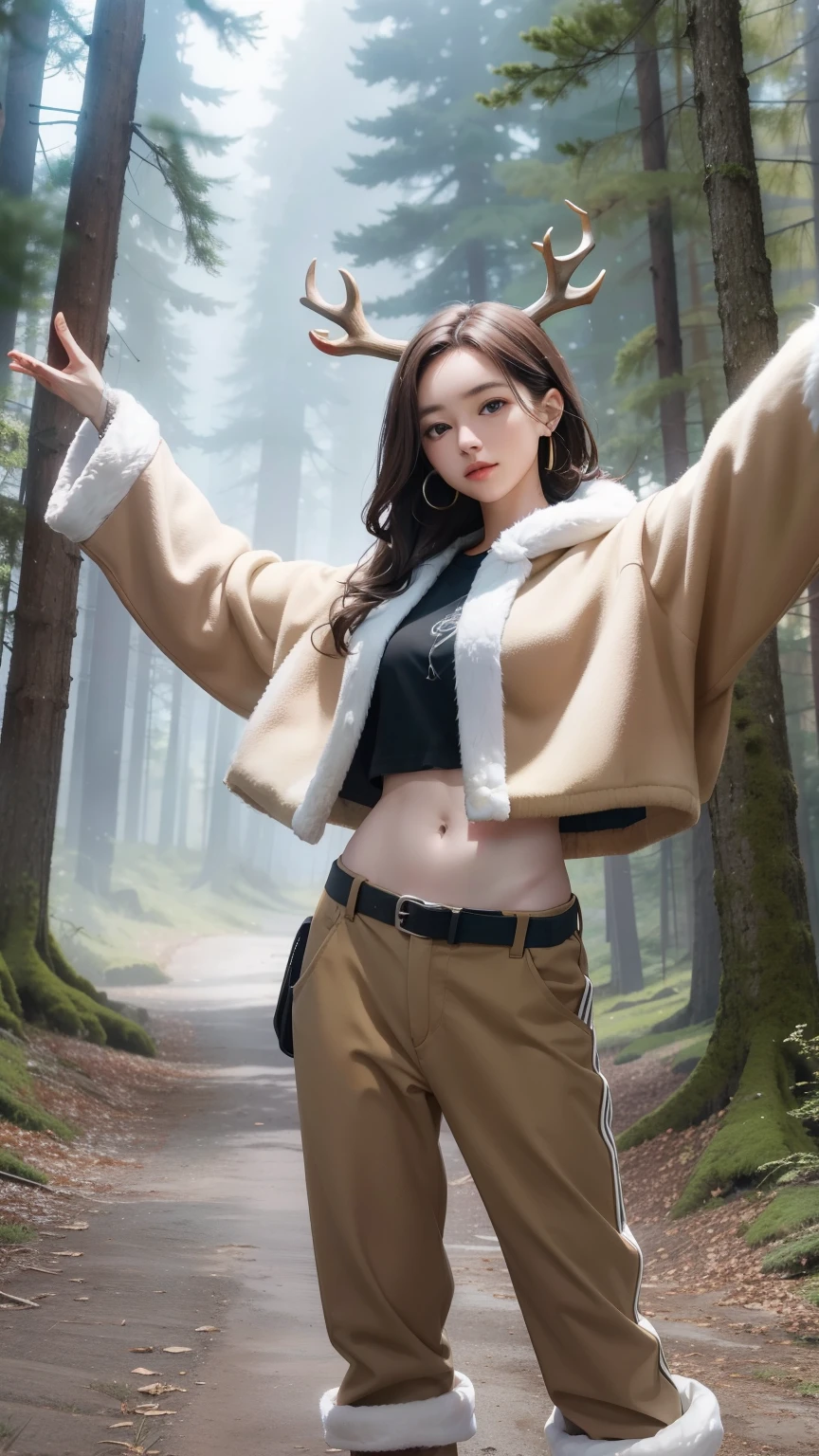 (((Masterpiece))),((top quality)),one beautiful girl,Pale, (A character that is a fusion of humans and deer: 1.5), (Deer horn:1.5)、(((feet are hooves 1.5)))、not wearing shoes、(deer tail:1.5)、(belly button)、((Fur clothing:1.5)),(plain clothes), (skin revealing),(The background is in the forest:1.5).(((from the front:1.5)))、(straight front: 1.5)、(Waving its tail in the forest:1.5)