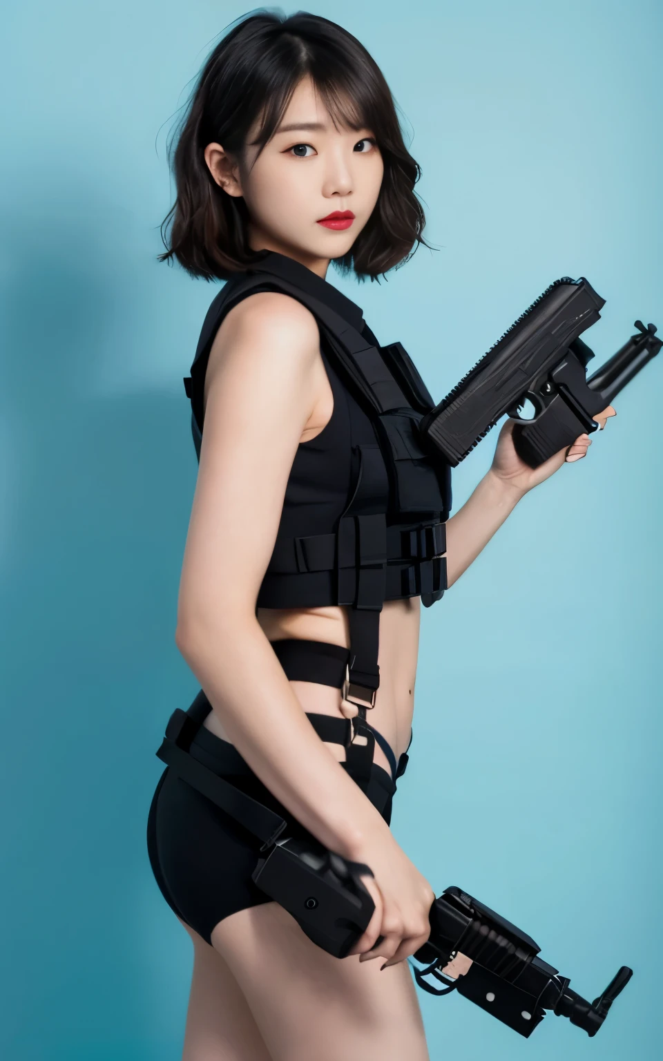 ((Best Quality, 8K, Masterpiece: 1.3)), ((best quality)), photorealistic, photorealism, Photorealistic, high resolution, 1lady aiming with an ak-47 assault rifle, 40 yo, Combat pose, looking at the camera, (Detailed face), short hair, (wearing red rubber suit, tactical vests, military harness, black gloves, high-tech headset), cloths color based on black dark blue), revealed thigh, Gun, Fingers are occluded, concrete wall background,