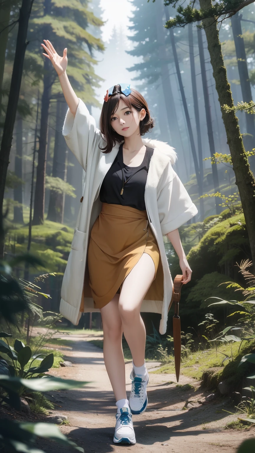 (((Masterpiece))),((top quality)),one beautiful girl,Pale, (A character that is a fusion of humans and deer: 1.5), (Deer horn:1.5)、(((feet are hooves 1.5)))、not wearing shoes、(deer tail:1.5)、(belly button)、((Fur clothing:1.5)),(plain clothes), (skin revealing),(The background is in the forest:1.5).(((from the front:1.5)))、(straight front: 1.5)、(Waving its tail in the forest:1.5)