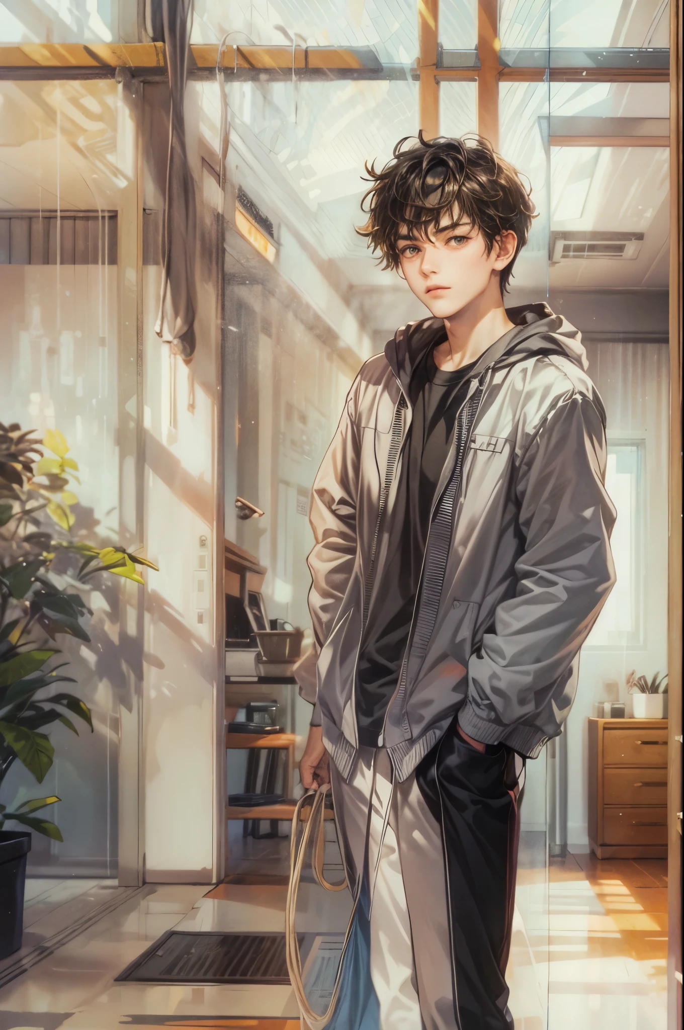 (masterpiece, best quality) character from highschool musical, handsome boy, anime face, with short hair, stylish clothes , modern home interior details