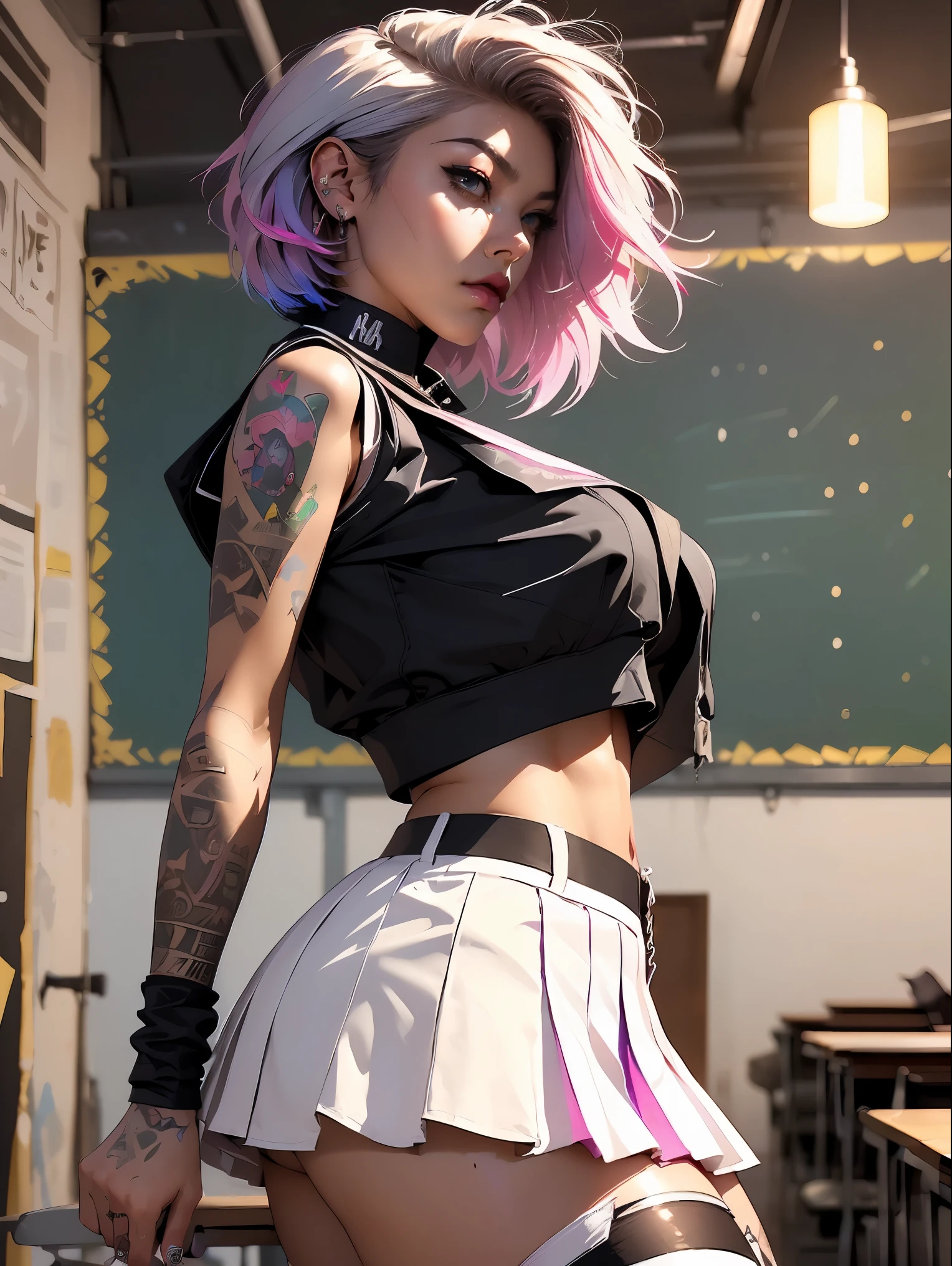 (((of the highest quality: 1.4))),(unparalleled masterpiece ever), (Ultra high definition),(Ultra-realistic 8K CG, camera view from behind), offcial art、 (((adult nude , cleavage showing, white thigh high socks))), (((1girl in))), ((( Bob Shorthair ))), Punk girl with a perfect nude body,Beautiful and well-groomed face,Fancy makeup, (Image from head to t),((pink Bob Shorthair )), Simon Bisley's urban savage style school classroom,Detailed background of school classroom,Clean abs, Complex graphics, dark pink with white stars and gray and white stripeany poisonous tattoos )), piercingson vagina