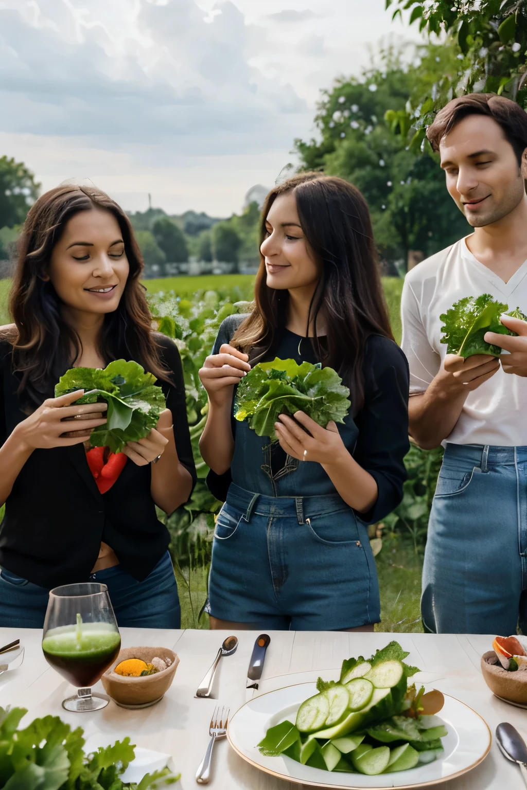 Group of privileged people eating organic vegetables such as cucumber and lettuce between 22 and 44 years old.