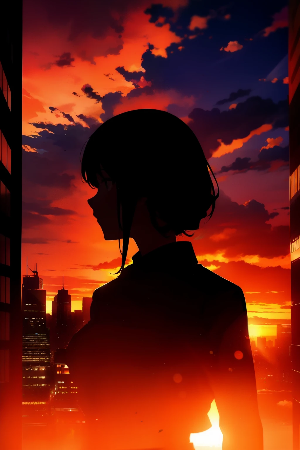 anime, (silhouette),1girl, star (sky), cloud, cityscape, building, city, outdoors, skyscraper, city lights, night, night sky, sunset, skyline