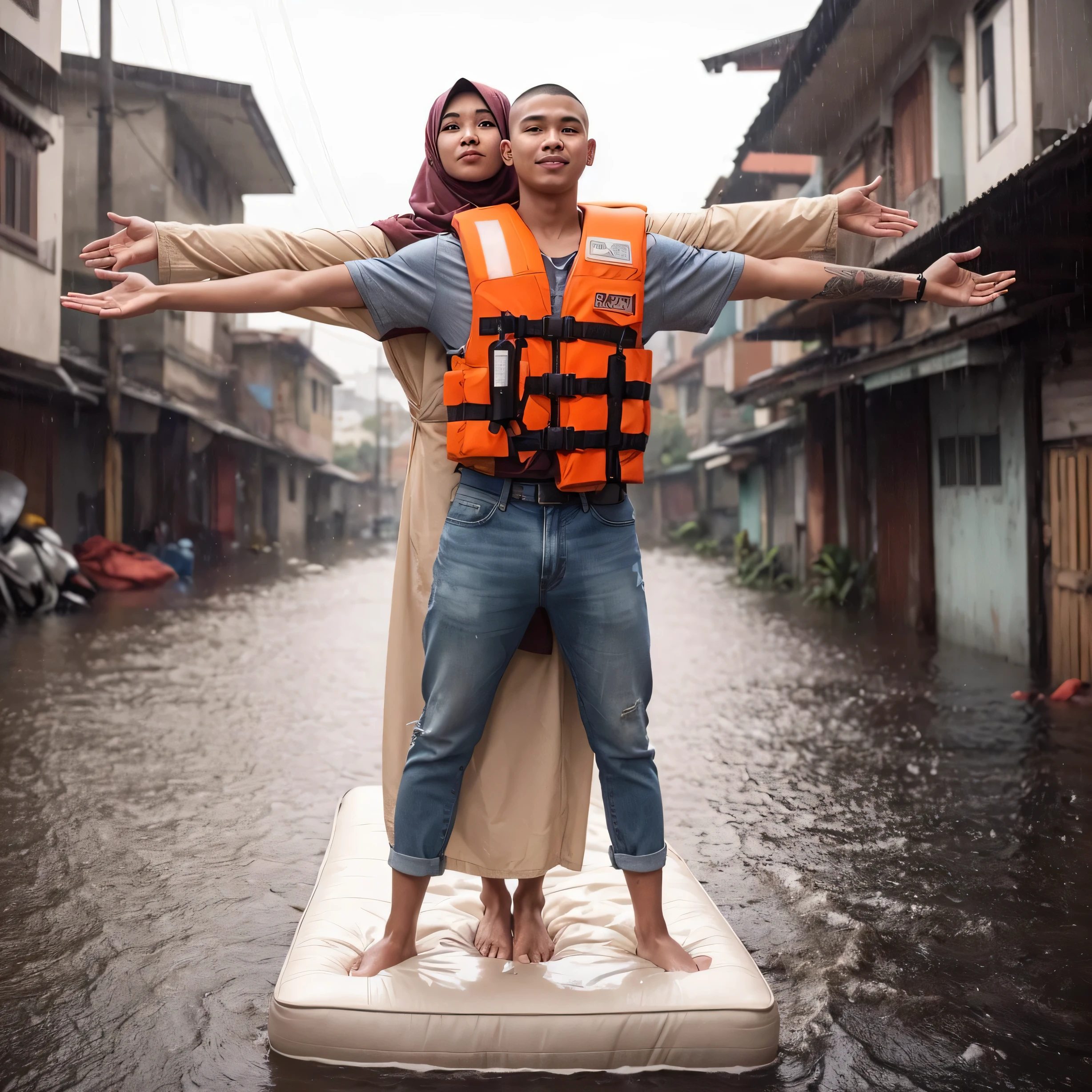 photo of an Indonesian young man ((buzz cut hair, wearing a rescue officer's uniform, orange life jacket, faded denim pants)). The smilling young man was holding a waist of beautiful Indonesian woman from behind while standing on the mattress ((30 years old, hijab)) both are doing Titanic pose, the woman have her arms outstretched while smilling. the man holding the woman's waist. They are located at flood locations that submerged residential areas. The background is an alley in a rundown housing complex that was flooded, creating a dramatic atmosphere, drizzling rain, wet clothes effect, depth of field