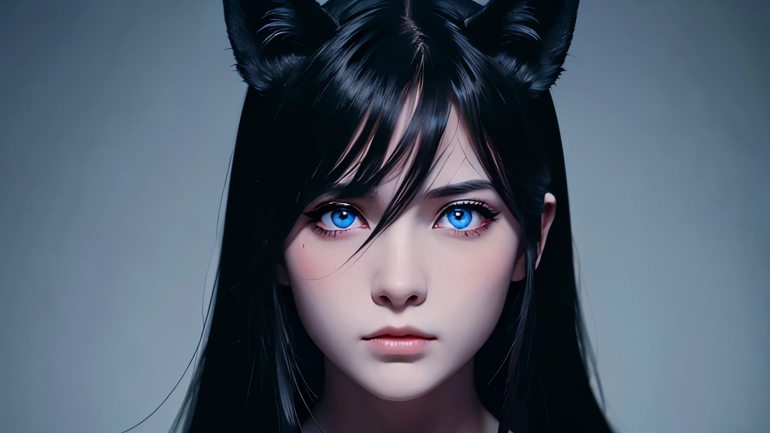 Long black hair, Fox mask, Blood on the mouth, Blue eyes, Girl