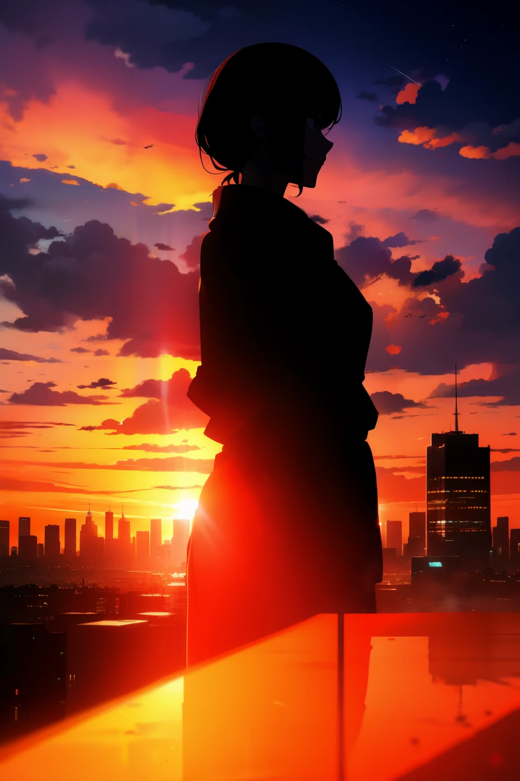 anime, (silhouette),1girl, star (sky), cloud, cityscape, building, city, outdoors, skyscraper, city lights, night, night sky, sunset, skyline