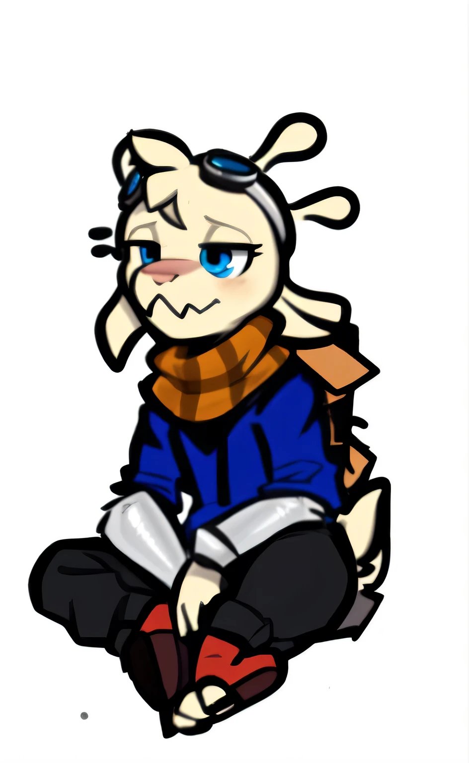 cartoon drawing of a boy sitting on the ground crisscross with hands in his lap, asriel dreemurr, inspired by Axol from SMG4, chibi, gelbooru, smol, undertale character, thinking pose, sitting down casually, varguyart style, an anthropomorphic axolotl, bored, brown scarf, blue hoodie, red boots, black pants, prosthetic right arm, blue eyes, forehead goggles