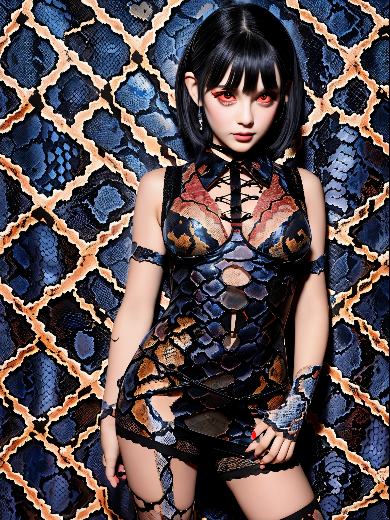 1 cute demon anime girl with electrifying eyes, big red snake eyes, her palms spread out in front of her face, blood dripping from her fingers, long black claws, black lipstick, a silvery short bob, and a pet snake on her body. wrapped around each other, ((black) (tight fit) (python pattern: 1.5) full body suit), ((red) (lace-up: 1.2) long boots), depth of fields, incredibly absurdres, super detailed illustration, extra detailed face, raw photography, DeviantArt trends, Pointier.