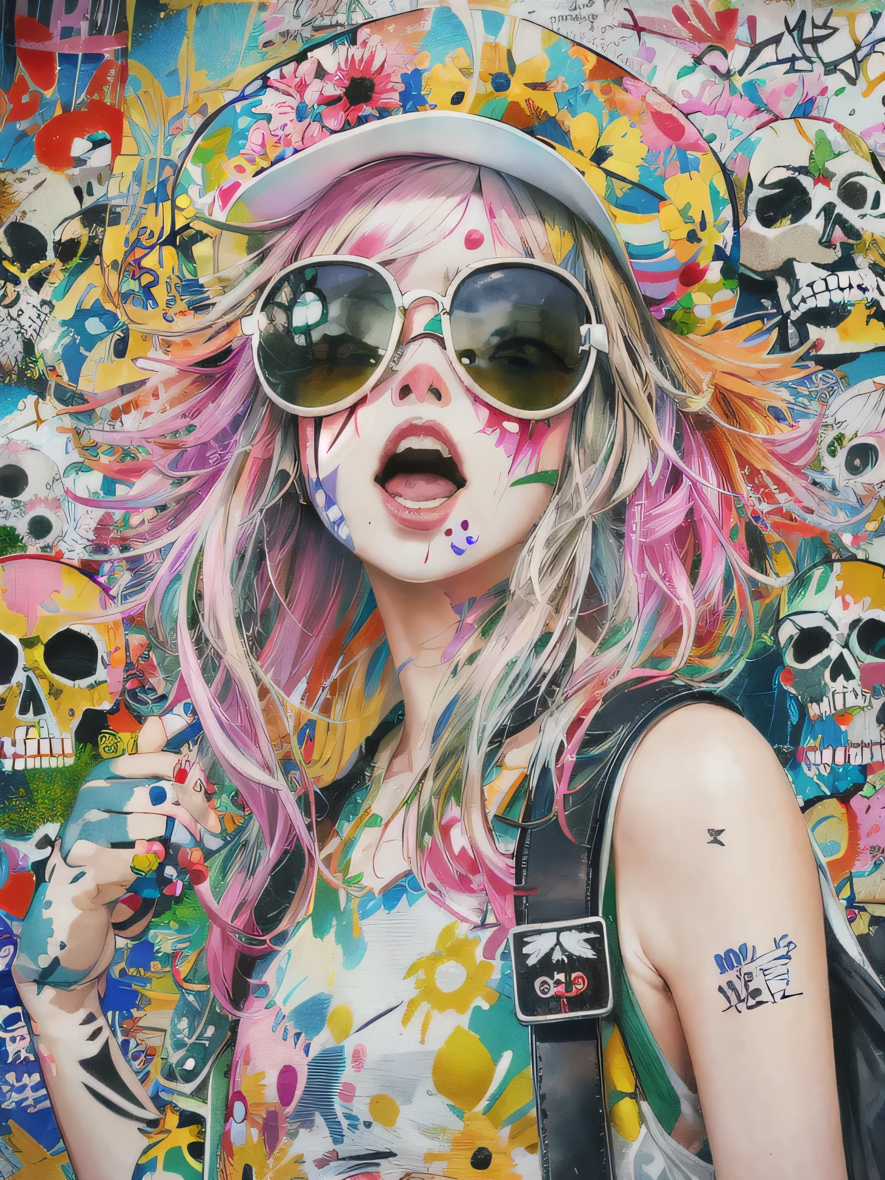 Takashi Murakami style、8K quality, watercolor painting, stylish design, (((The strongest beautiful girl of all time))), (((Japanese)))、Idol、Joasobi、clear, Stylish sunglasses, Fashionable hats, (((highest quality))), bob hair, put your hand on the wall, HDR, ((Detailed details)), (((skull fashion))), detailed clothing texture, (((graffiti art))), colorful hair, ((masterpiece))、((Super detailed))