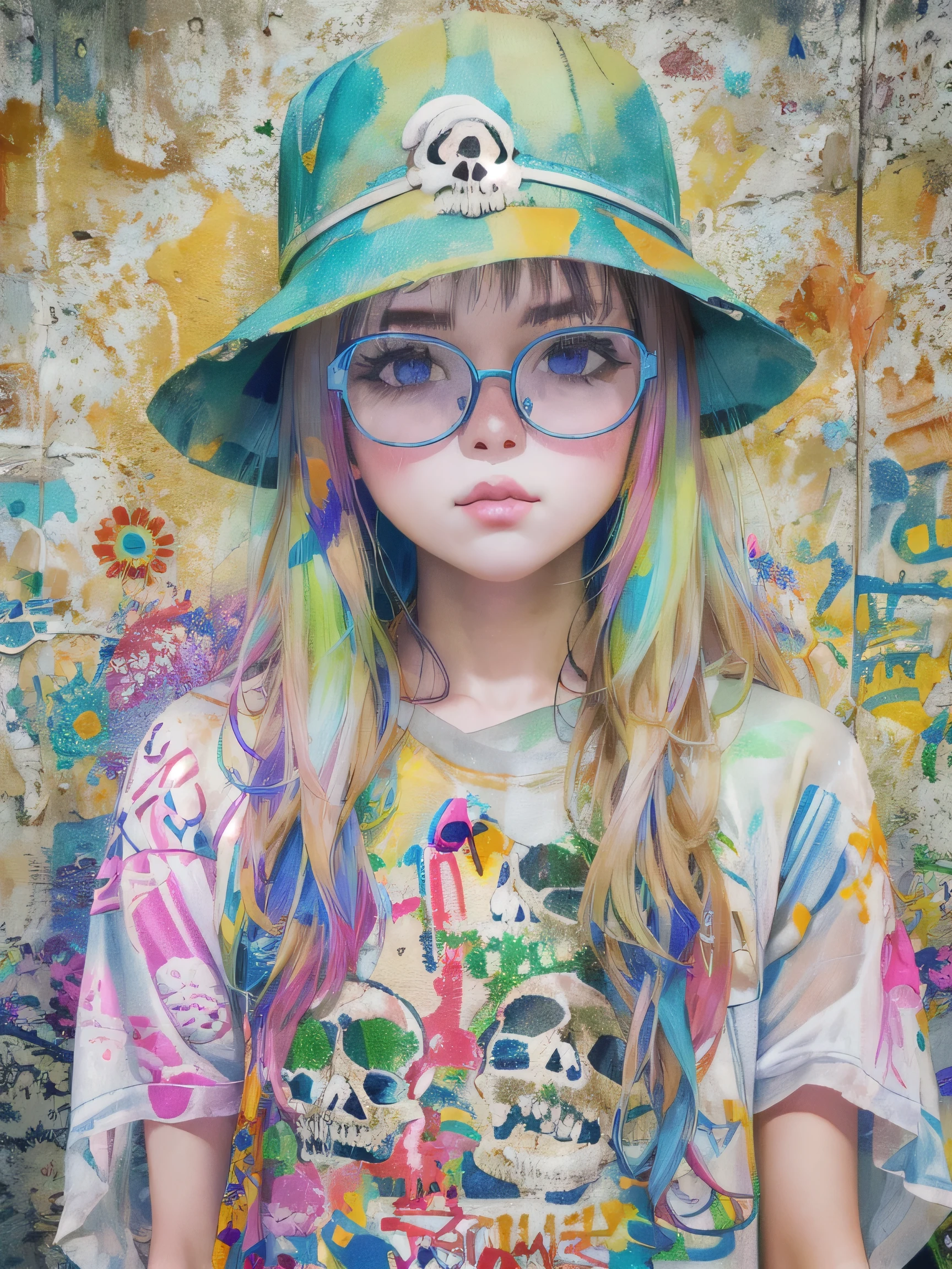 Takashi Murakami style,8K quality, watercolor painting, stylish design, (((The strongest beautiful girl of all time))), (((Japanese)))、Idol、clear, stylish glasses, Fashionable hats, (((highest quality))), bob hair, put your hand on the wall, HDR, ((Detailed details)), (((skull fashion))), detailed clothing texture, (((graffiti art))), colorful hair, ((masterpiece))、((Super detailed))