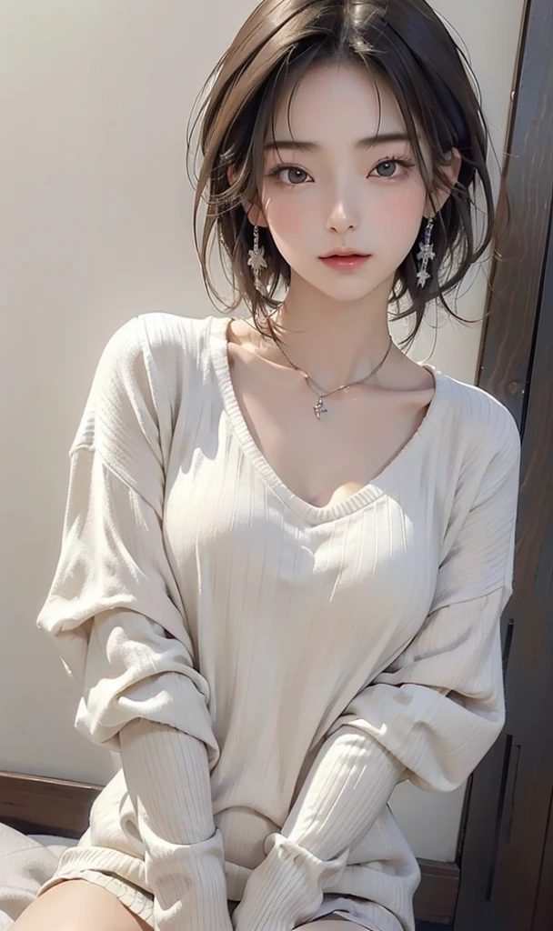 (highest quality、8K、32k、masterpiece、nffsw:1.2)、photo of cute japanese woman、medium chest、delicate、thin thighs、Upper body、(extra large_sweater:1.1),undressed clothes、black underwear、necklace、simple background、look around、cute earrings、