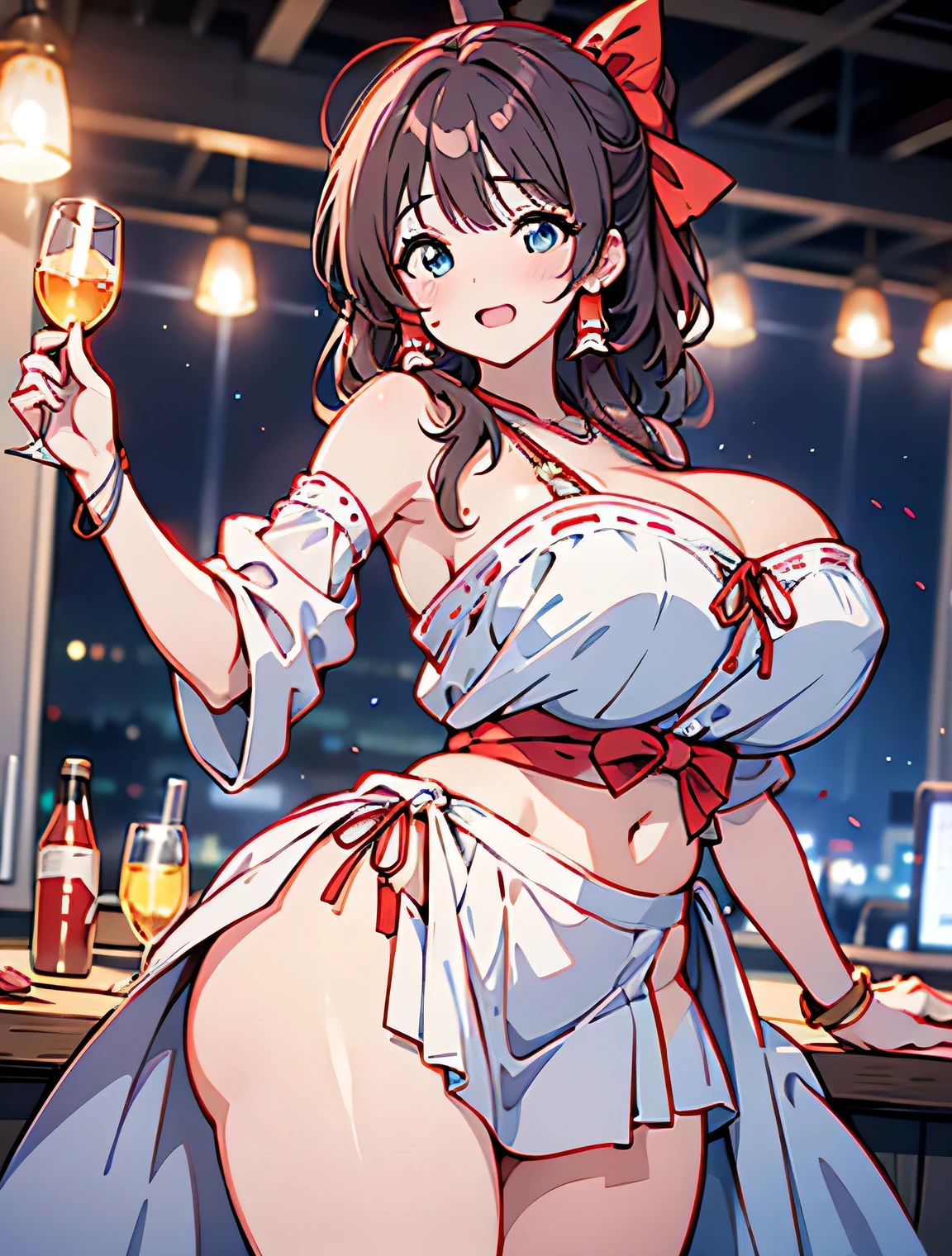 Erotic Anime Illustration、High resolution、A plump gal who sells flattery at a party on a ship、beautiful eyes、lovelive、reimu hakurei、gathered skirt、ecstatic expression、Overwhelming huge breasts that go beyond common sense、thick legs with fat、perfect proportions、cowboy shot
