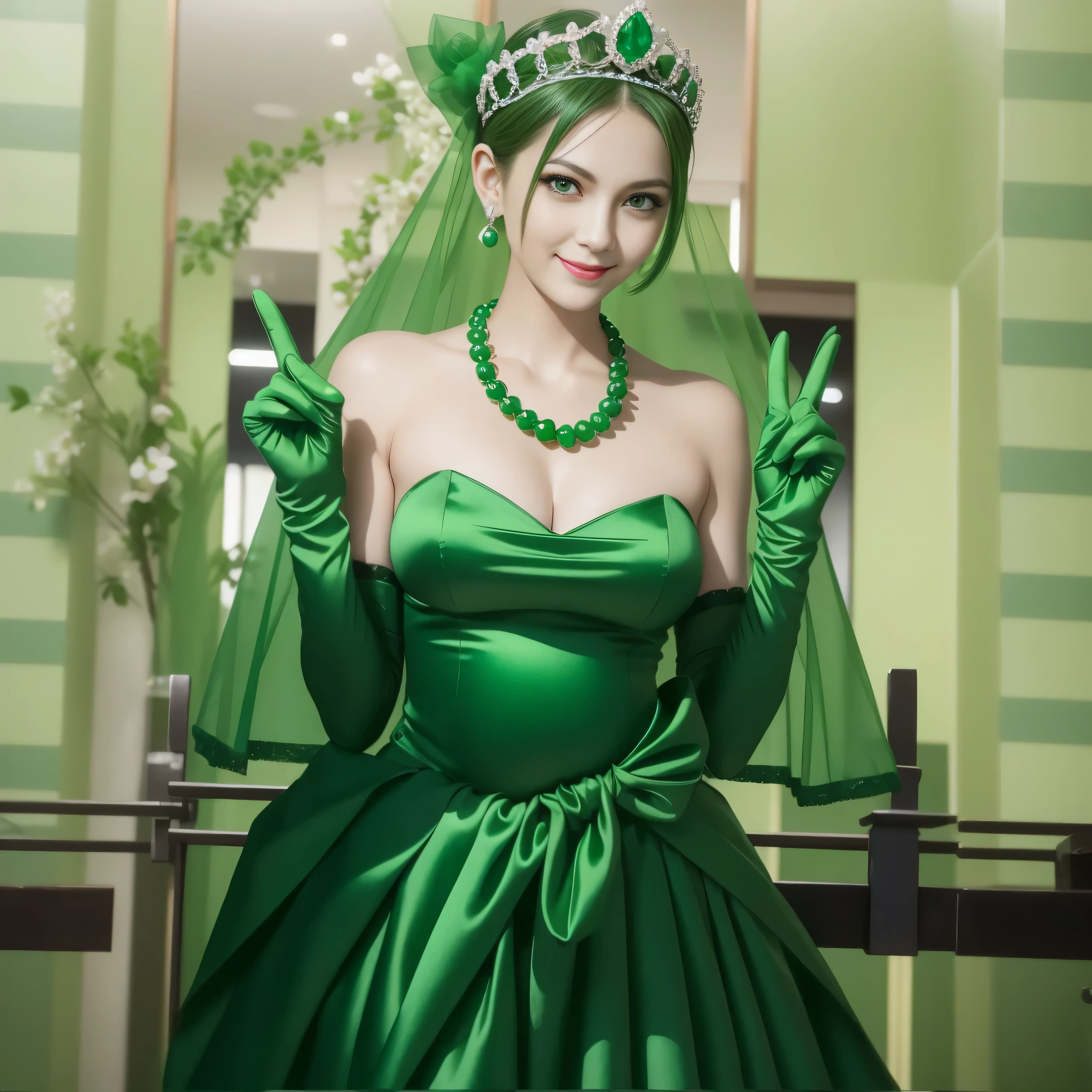 emerald tiara, green pearl necklace, Boyish green berry short hair, lipstick, Smiling Japan woman, very short hair, big breasts beautiful, green eyes, Green long gloves made of satin material, green eyes, V sign, emerald earrings, 30 generation women, pregnant woman
