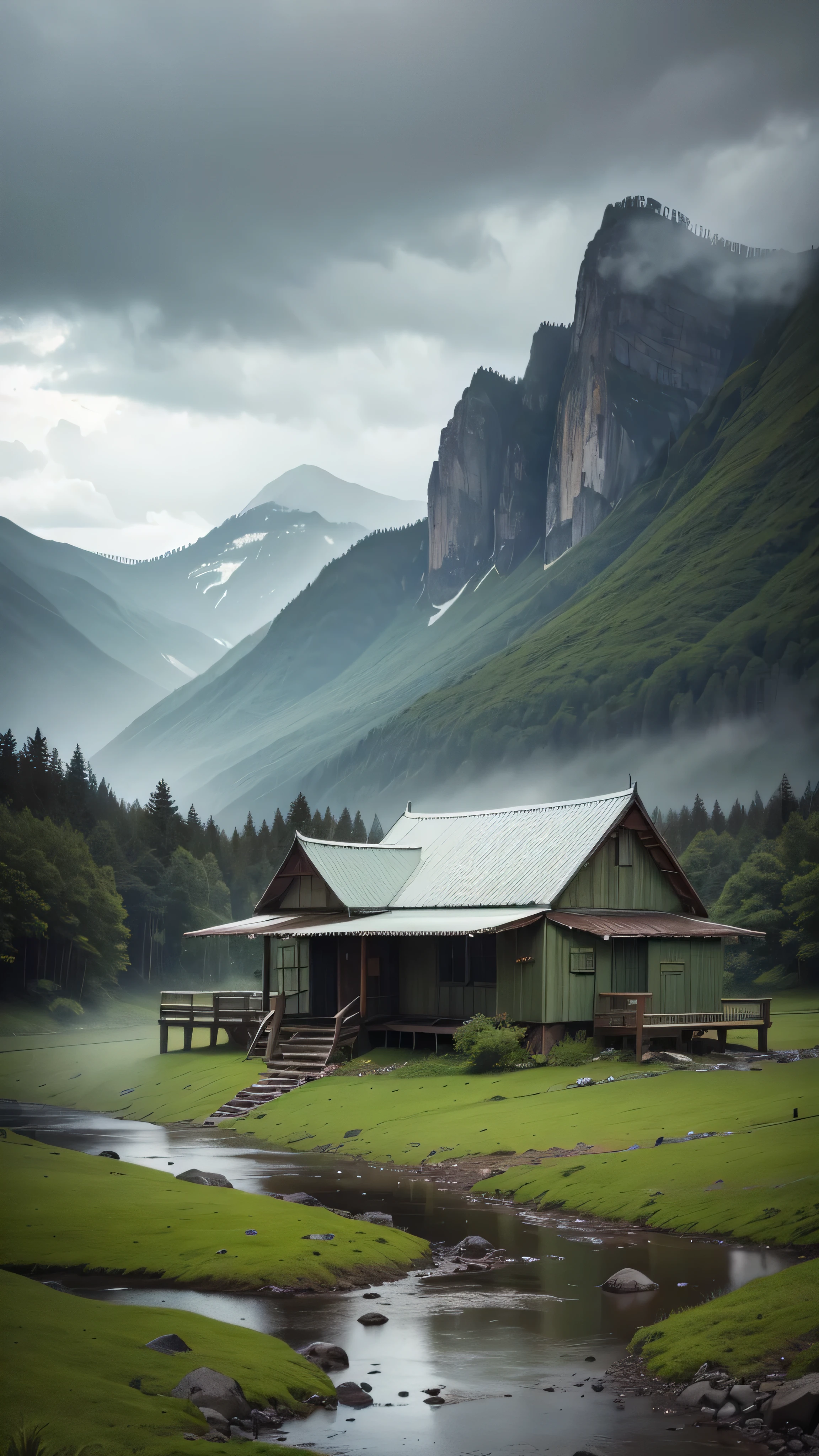 View from a distance of an Old hut under green mountain, with river, water drop, cloudy weather and heaven rain, dark cloudy, high resolution, 8k, detail object