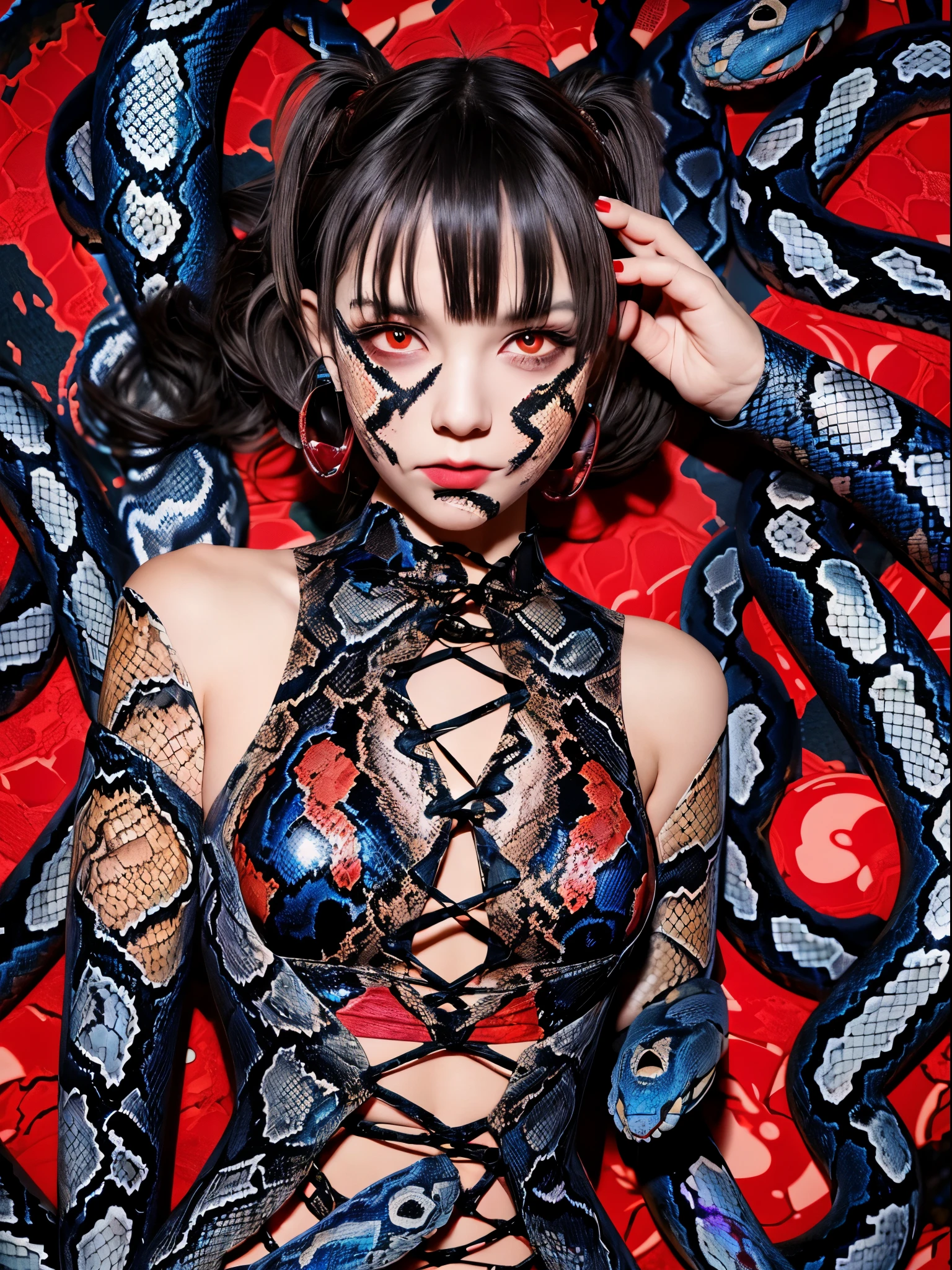 1 cute demon anime girl with electrifying eyes, big red snake eyes, her palms spread out in front of her face, blood dripping from her fingers, long black claws, black lipstick, a silvery short bob, and a pet snake on her body. wrapped around each other, ((black) (tight fit) (python pattern: 1.5) full body suit), ((red) (lace-up: 1.2) long boots), depth of fields, incredibly absurdres, super detailed illustration, extra detailed face, raw photography, DeviantArt trends, Pointier.
