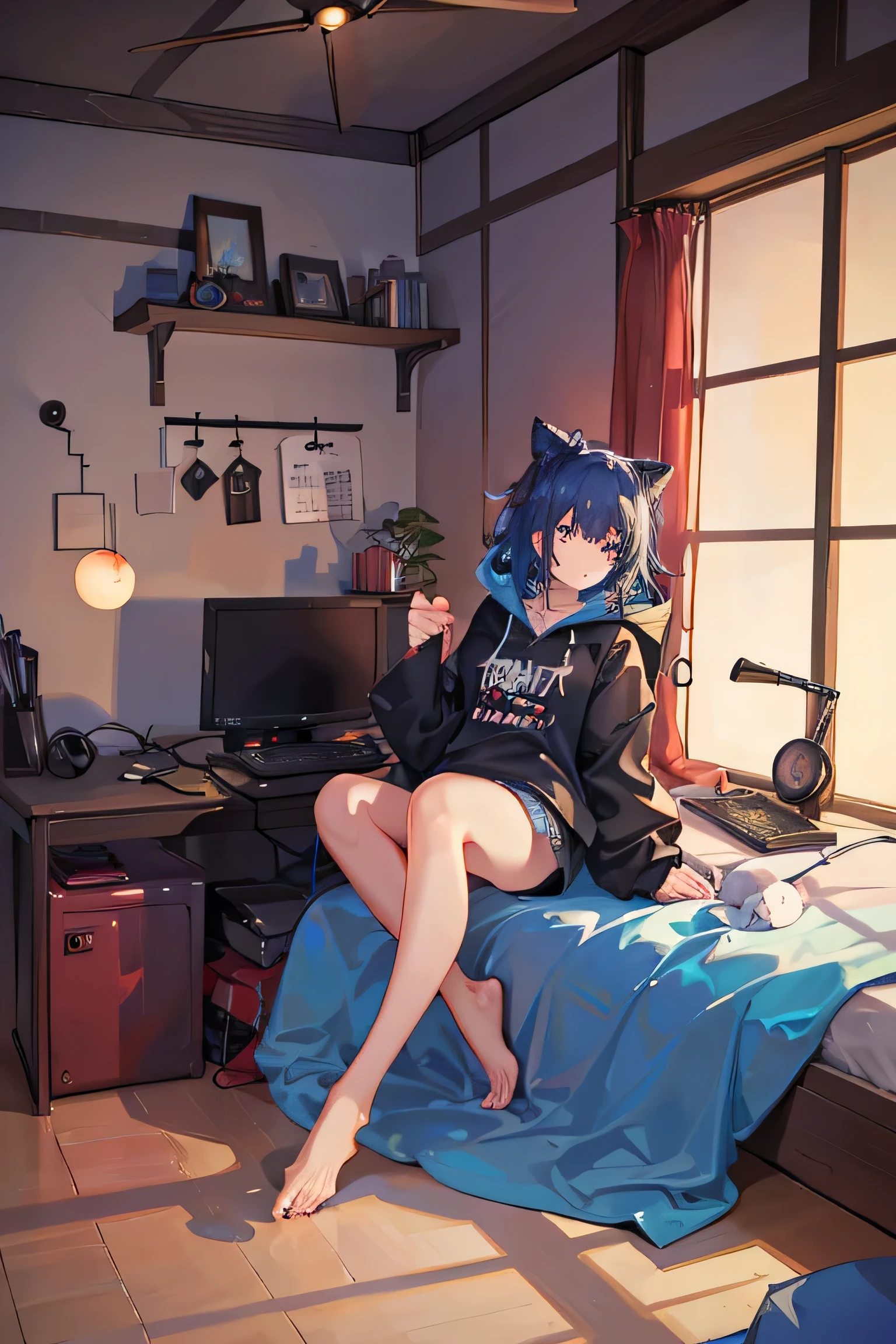 sitting in front of the computer and playing with it hair is messy miscellaneous room Cold atmosphere Japanese style room night wearing a hoodie so you can see the whole room