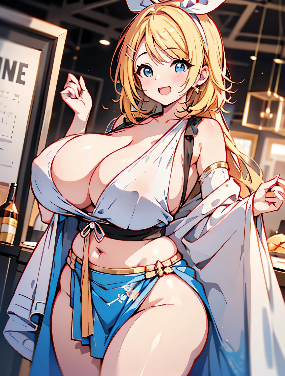 Erotic Anime Illustration、High resolution、A plump gal who sells flattery at a party on a ship、beautiful eyes、lovelive、Kagamine rin、gathered skirt、ecstatic expression、Overwhelming huge breasts that go beyond common sense、thick legs with fat、perfect proportions、cowboy shot