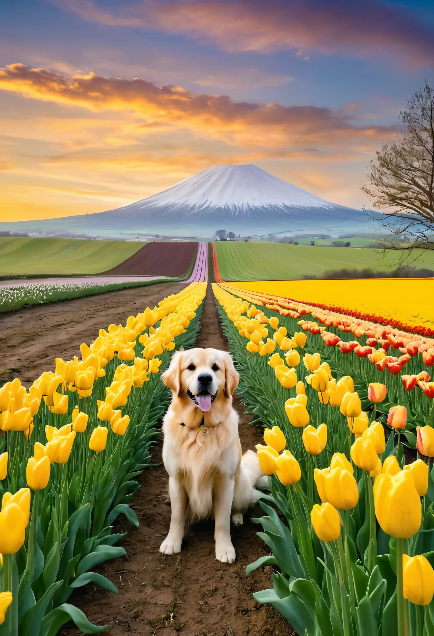 Una pradera de tulipanes amarillos en estilo amime con un paisaje de nubes y un perro golden retriever en la pradera