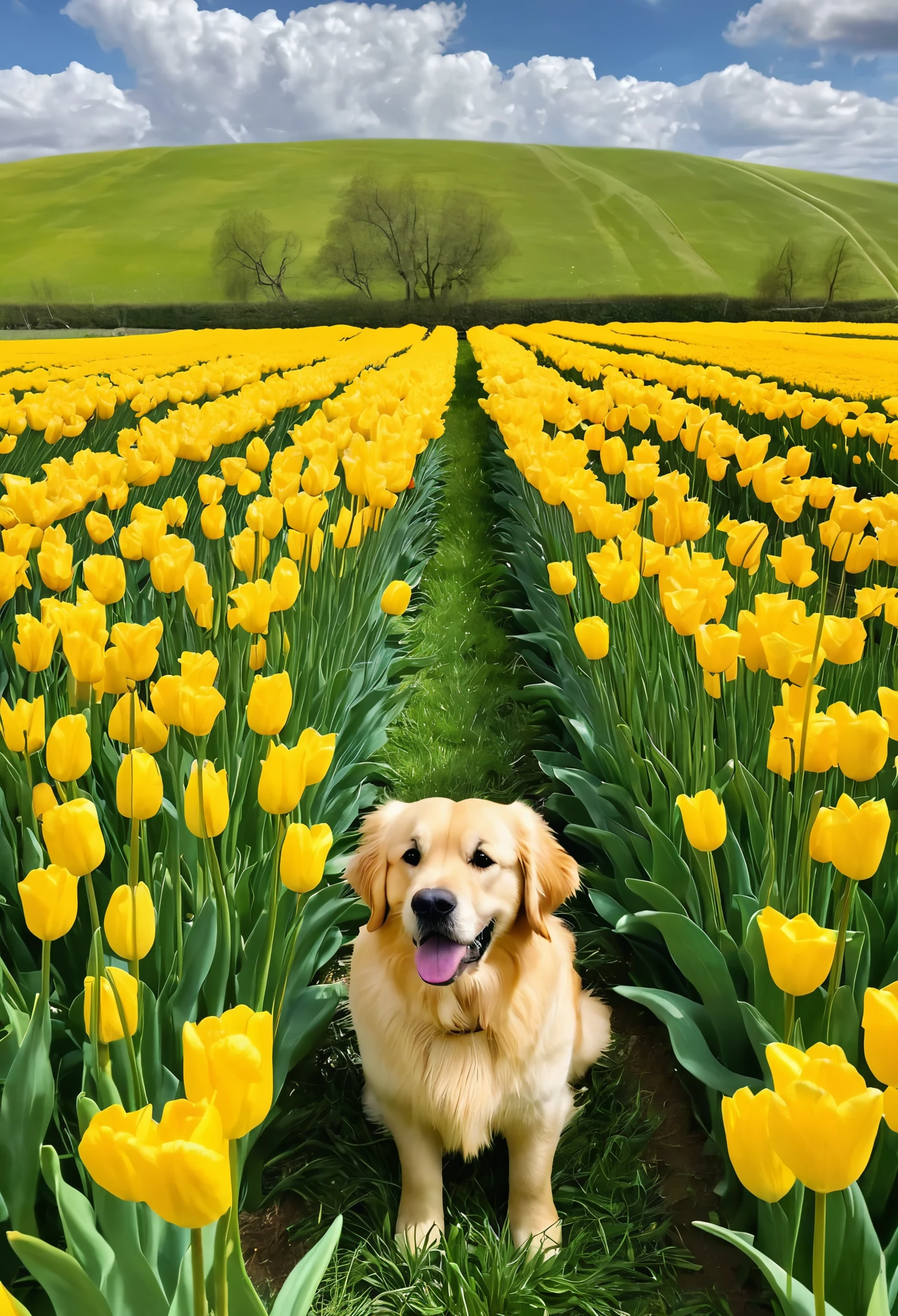 Una pradera de tulipanes amarillos en estilo amime con un paisaje de nubes y un perro golden retriever en la pradera