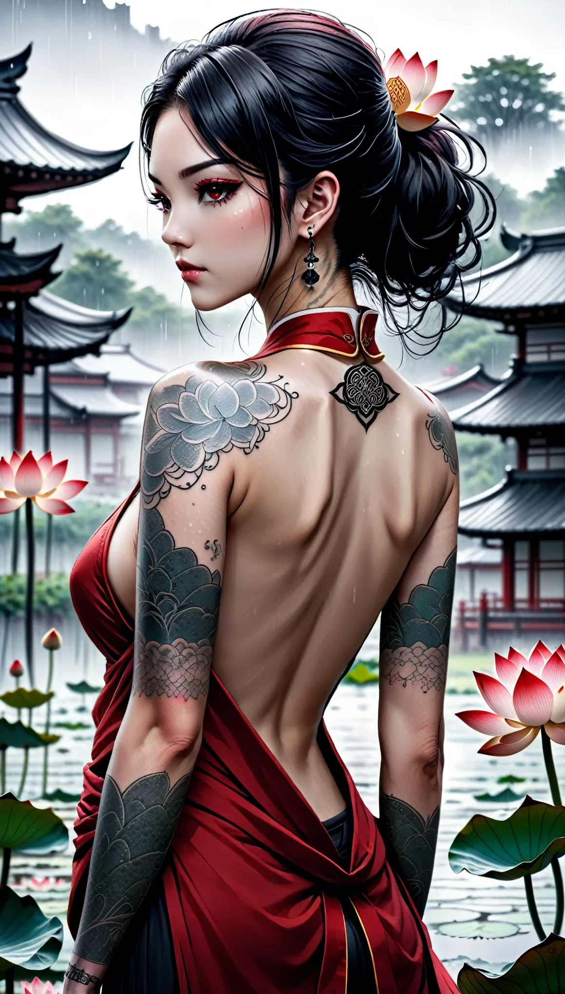(Misty rainy countryside background:1.4),(Pencil_Sketch:1.2, messy lines, greyscale, traditional media, sketch),(best quality,4K,High resolution), 18 years old female, Long straight hair with black and red highlights, shiny long straight hair, Innocence,sharp eyes、red eyes、icy look in the eye、 Face、depressed、looking back at the audience、small nose、Eyeliner、 Messy flying hair、The red robe fluttered、Rear view、straighten your back、camera angle from behind、Show your back、Back close-up、red back(lotus tattoo:2.0)pattern、Samurai sword,comics,and soul,Delicately express realistic skin texture、Muscle texture reproduction、gothic art