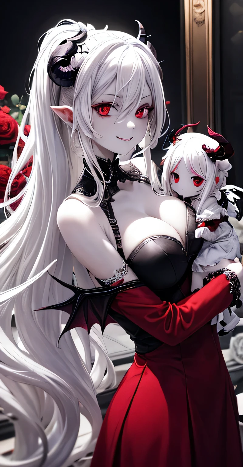 Absurdres, high_quality, best_quality, White_skin, white_hair, long_hair, (messy_hair), (((succubus))), (((white horns))), (((white demon wings))), (((white demon tail))), red_eyes, looking_at_viewer, roses, many roses, succubus, elegant, beautiful, gorgeous, large_breasts, ponytail, (((roses on hair))), smile, seductive, red_gown
