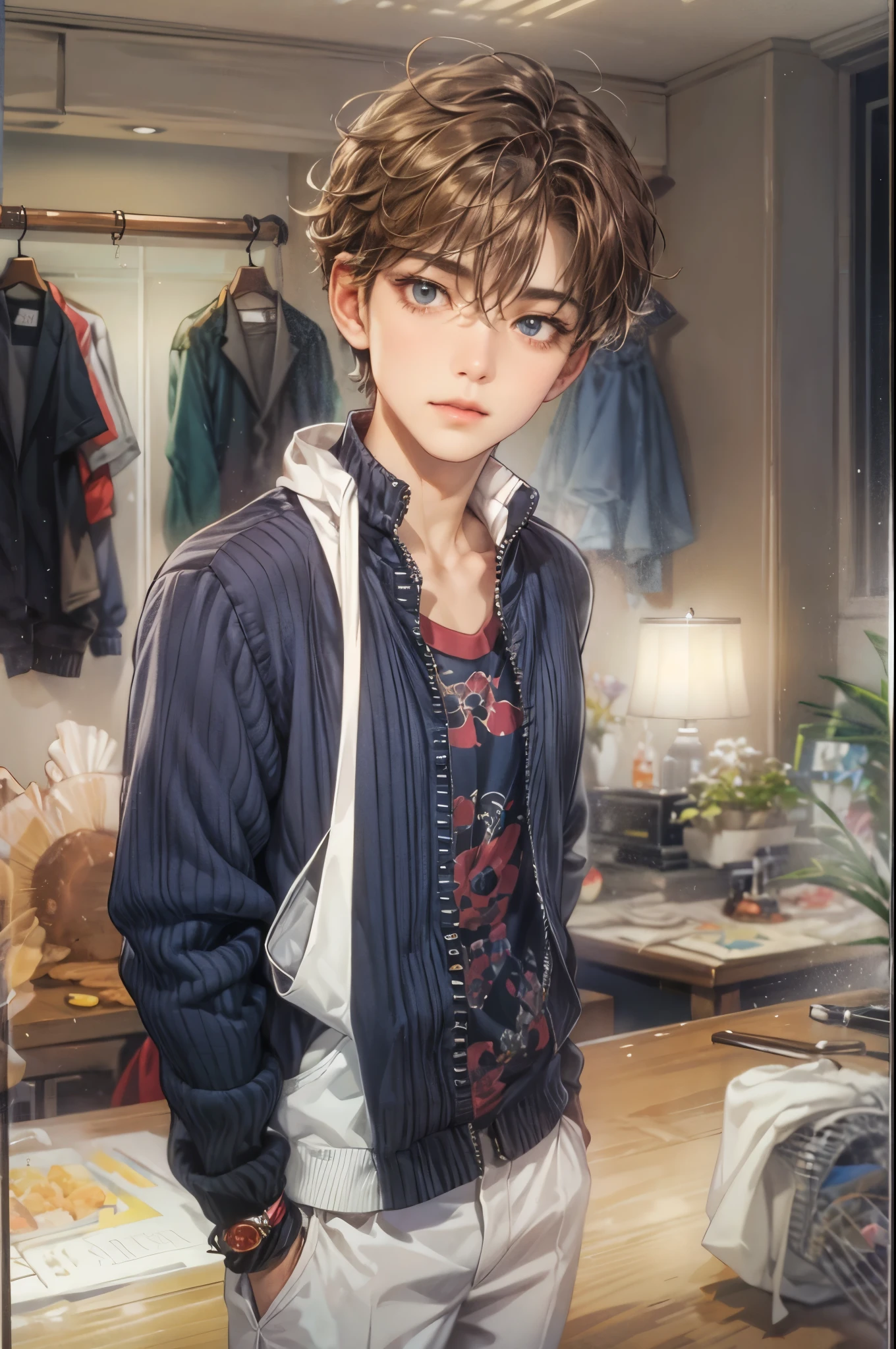 (masterpiece, best quality) character from highschool musical, handsome boy, anime face, with short hair, stylish clothes , modern home interior details