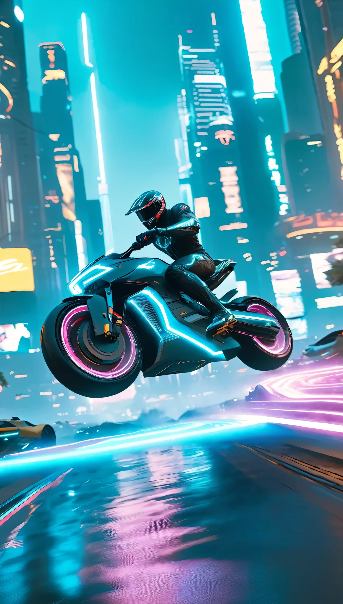 Man riding Tron light cycle through cyberpunk 2077 cityscapes