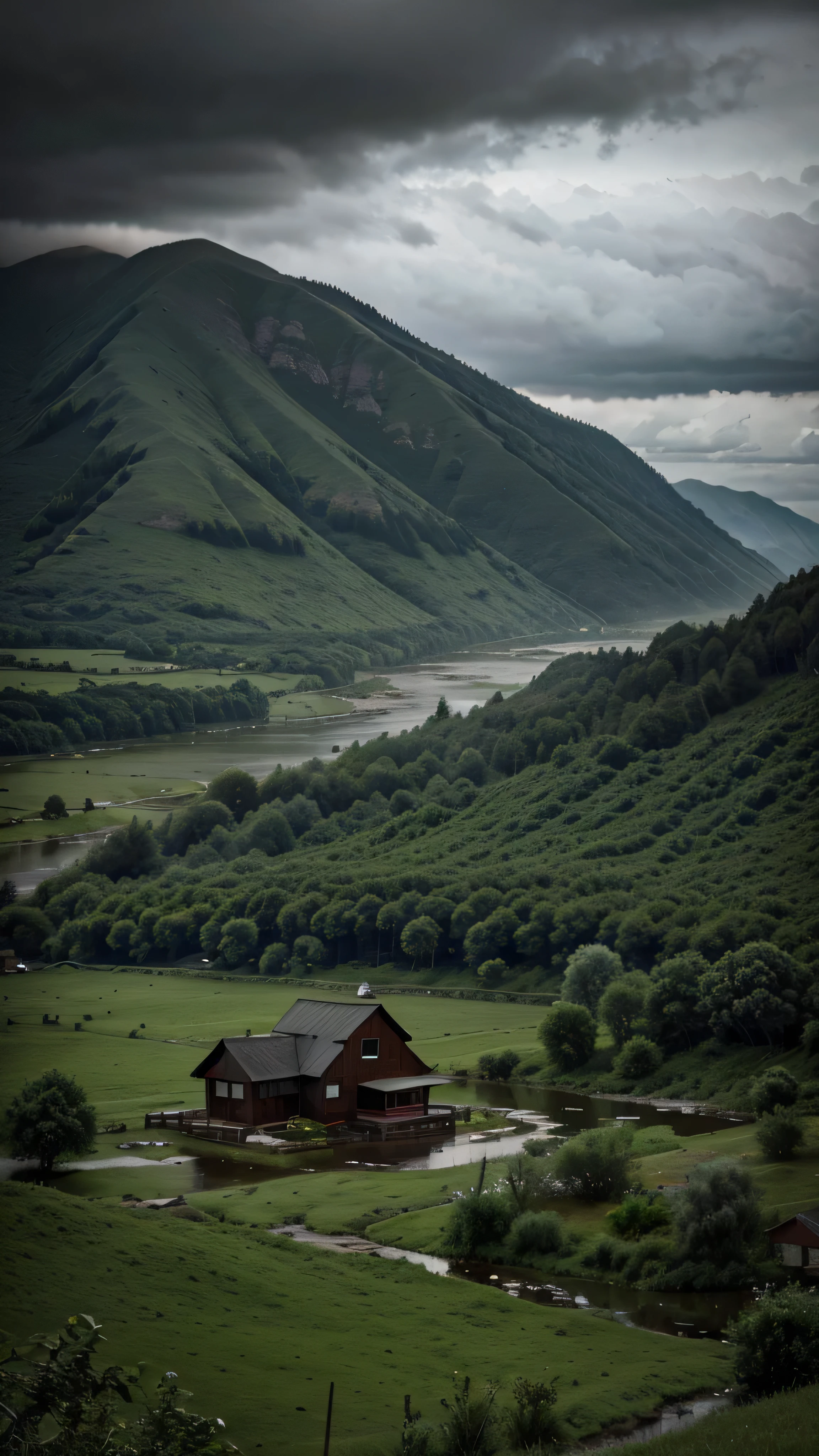 View from a distance of an Old house under green mountain, with river, water drop, cloudy weather and heaven rain, dark cloudy, high resolution, 8k, detail object