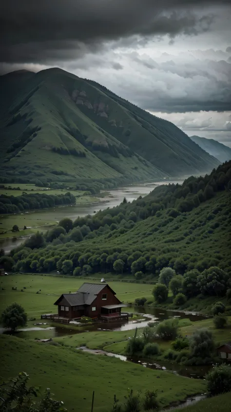 view from a distance of an old house under green mountain, with river, water drop, cloudy weather and heaven rain, dark cloudy, ...