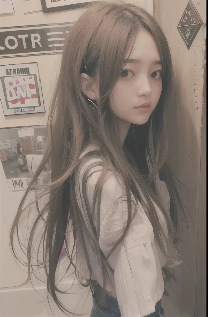 age girl, long hair, Big eyes. half body shot.