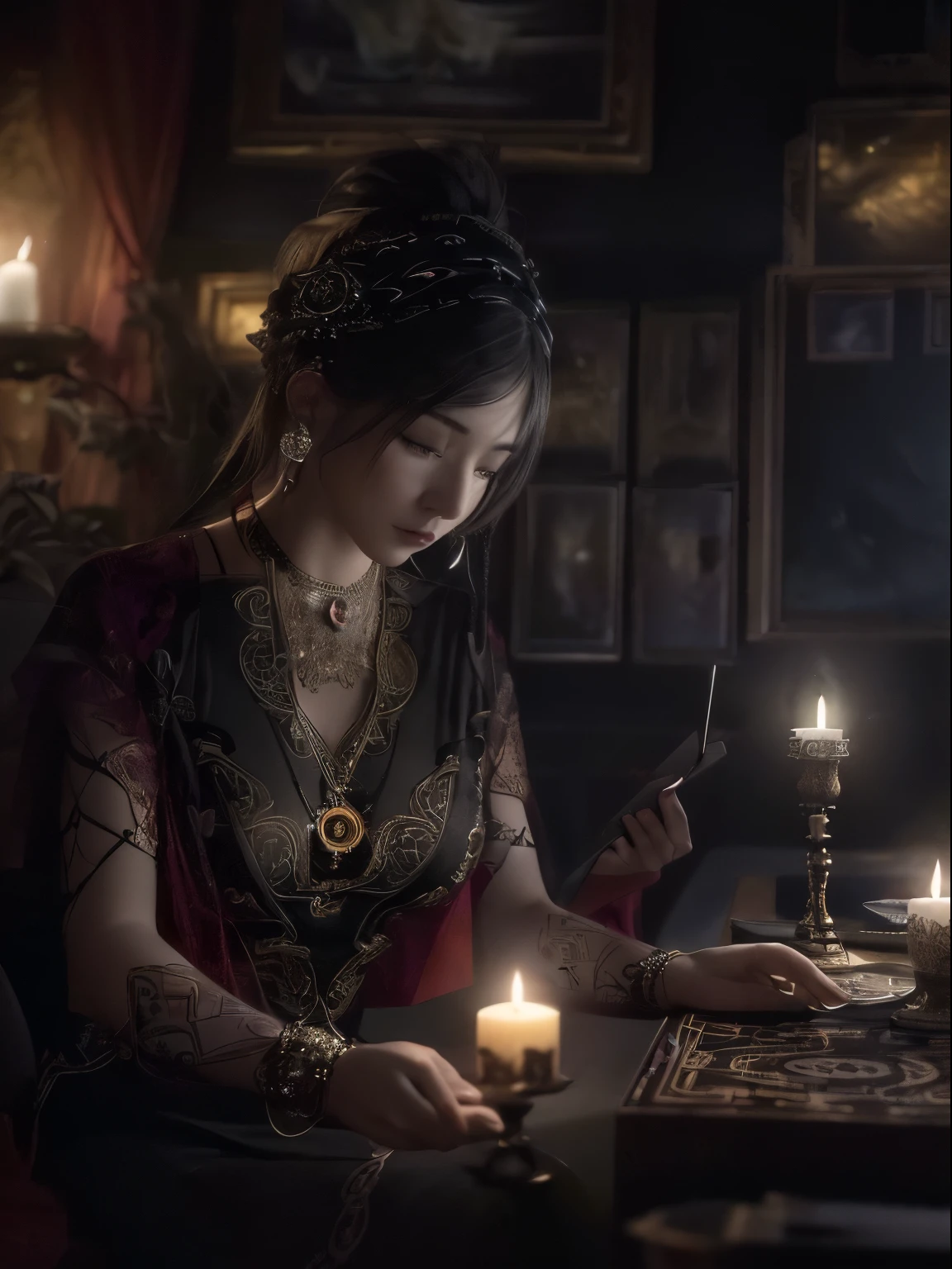 (masterpiece, High resolution:1.3), (Photo of a woman in a dark and mysterious environment:1.2), (sony alpha 1 camera, Known for its excellent detail capture and low-light performance:1.2), (Sony FE 24-70mm fと組み合わせます。/2.8 Various and sharp compositions with GM lenses:1.2), (A woman surrounded by an aura of mystery and intrigue.:1.1), (Her black clothes and mysterious expression further enhance the atmosphere.:1.1), (sony alpha 1 camera capturing the intricate textures and subtle shades in the low-light setting:1.2), (Table decorated with tarot cards, spread in mysterious ways:1.1), (candle flickering, casts a dancing shadow across the room:1.1), (Dim lighting adds to the atmosphere of secrecy and mystery:1.1), (The woman's eyes were focused on the card., As if searching for an unknown answer:1.1), (crystal ball near me, In addition to the mysterious atmosphere:1.1), (Symbols of astrology and esoteric knowledge decorate the room:1.1), (A faint scent of incense in the air, increase sensory experience:1.1), (Photos that capture the connection between women and the spiritual world and mystical aura:1.1), (The moment when time stopped, Capturing the intense and introspective atmosphere of fortune telling:1.1), (Images that transport the viewer into a world of magic and spiritual insight., make them interested and curious:1.1), cinematic, very detailed, insane details, beautiful color grading, unreal engine, degrees of freedom, super resolution, megapixel, cinematic Lightning, anti-aliasing, FKA, Thai, RTX, SSAO, Post-processing, post production, tone mapping, CGI, VFX, special effects, extremely detailed and complicated, hyper maximalist, 超realistic, Volume measurement, realistic, Super photorealistic, Super detailed, intricate details, 8K, Super detailed, full color, Volume measurement lightning, HDR, realistic, unreal engine, 16k, sharp focus, octane rendering