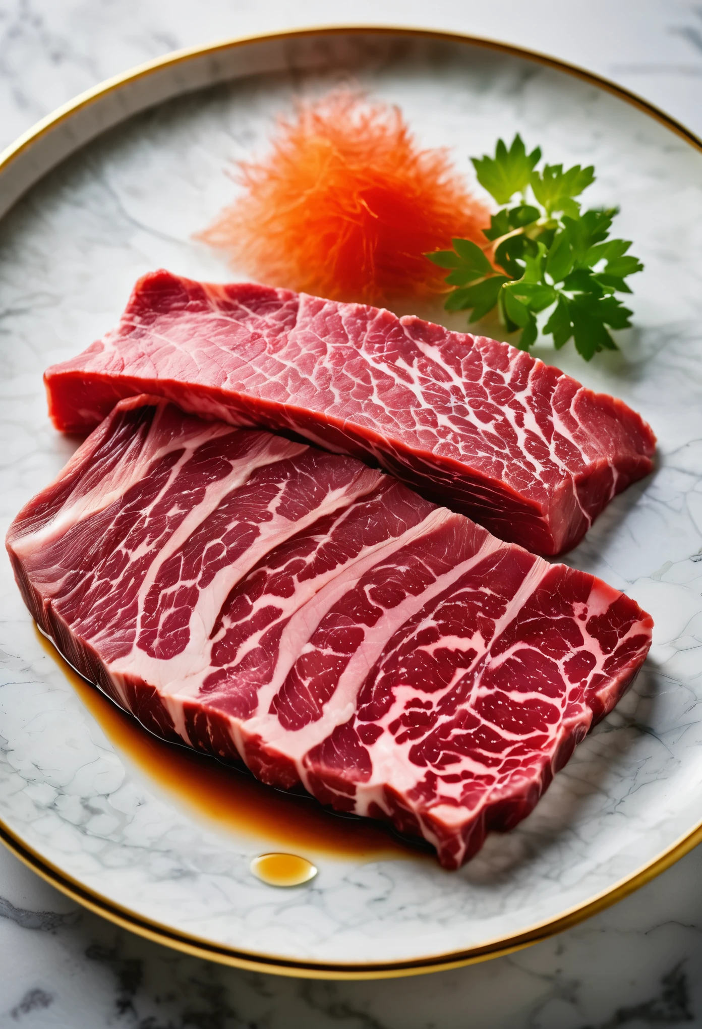 An enticing plate filled with premium Japanese Wagyu beef slices, specifically prepared for hot pot. Each slice should showcase the signature marbling of Wagyu, with intricate patterns of fat interspersed within the meat, giving it a luxurious appearance. The rich oil marbling should glisten, emphasizing the beef's high quality and tenderness. The color of the Wagyu should be a vibrant pinkish-red, with the white marbling contrasting beautifully. The plate itself should be elegant and understated, ensuring the Wagyu remains the star of the show. The photograph's quality should be of high resolution, capturing the unique texture and marbling of the Wagyu slices,