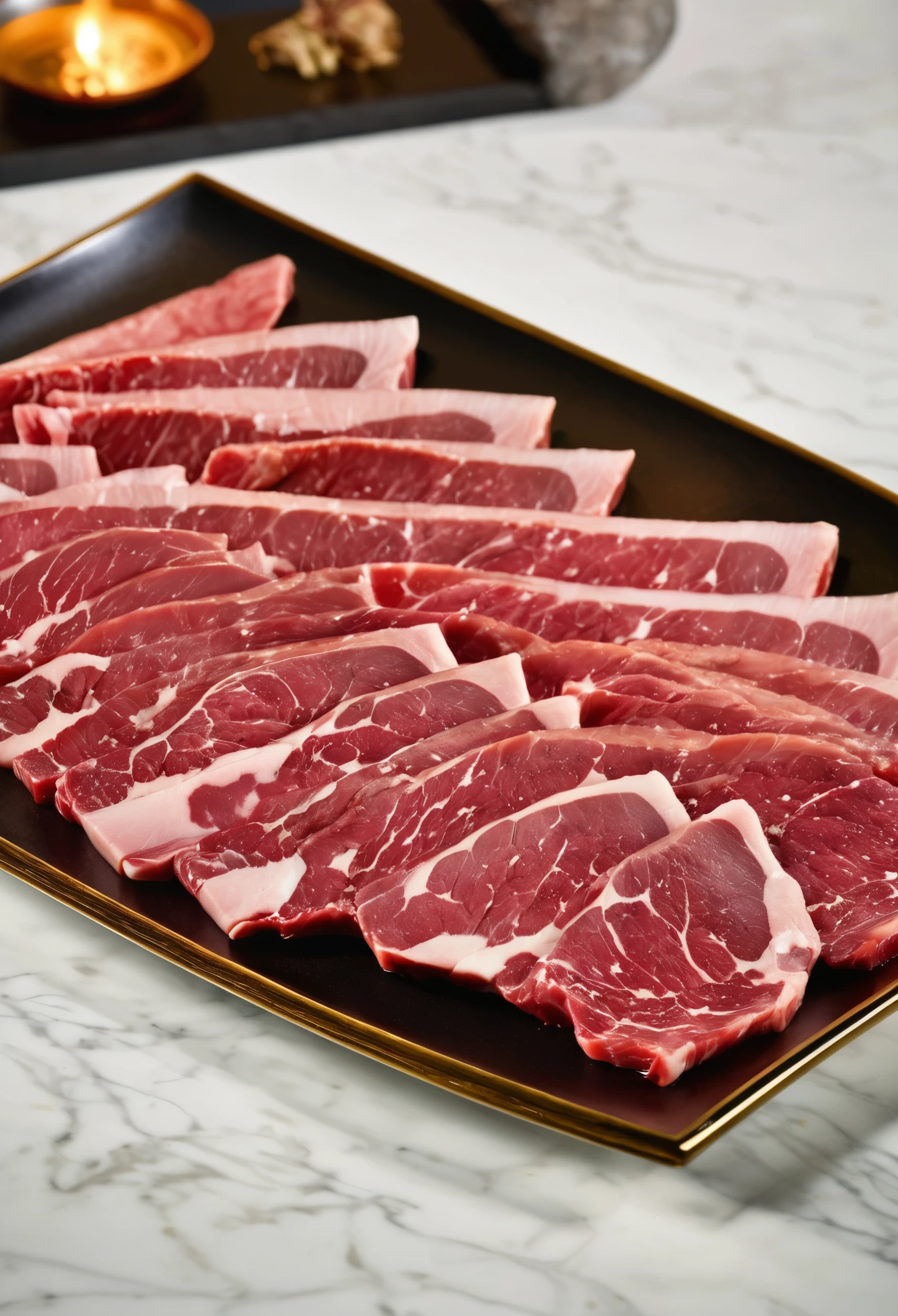 An enticing plate filled with premium Japanese Wagyu beef slices, specifically prepared for hot pot. Each slice should showcase the signature marbling of Wagyu, with intricate patterns of fat interspersed within the meat, giving it a luxurious appearance. The rich oil marbling should glisten, emphasizing the beef's high quality and tenderness. The color of the Wagyu should be a vibrant pinkish-red, with the white marbling contrasting beautifully. The plate itself should be elegant and understated, ensuring the Wagyu remains the star of the show. The photograph's quality should be of high resolution, capturing the unique texture and marbling of the Wagyu slices,