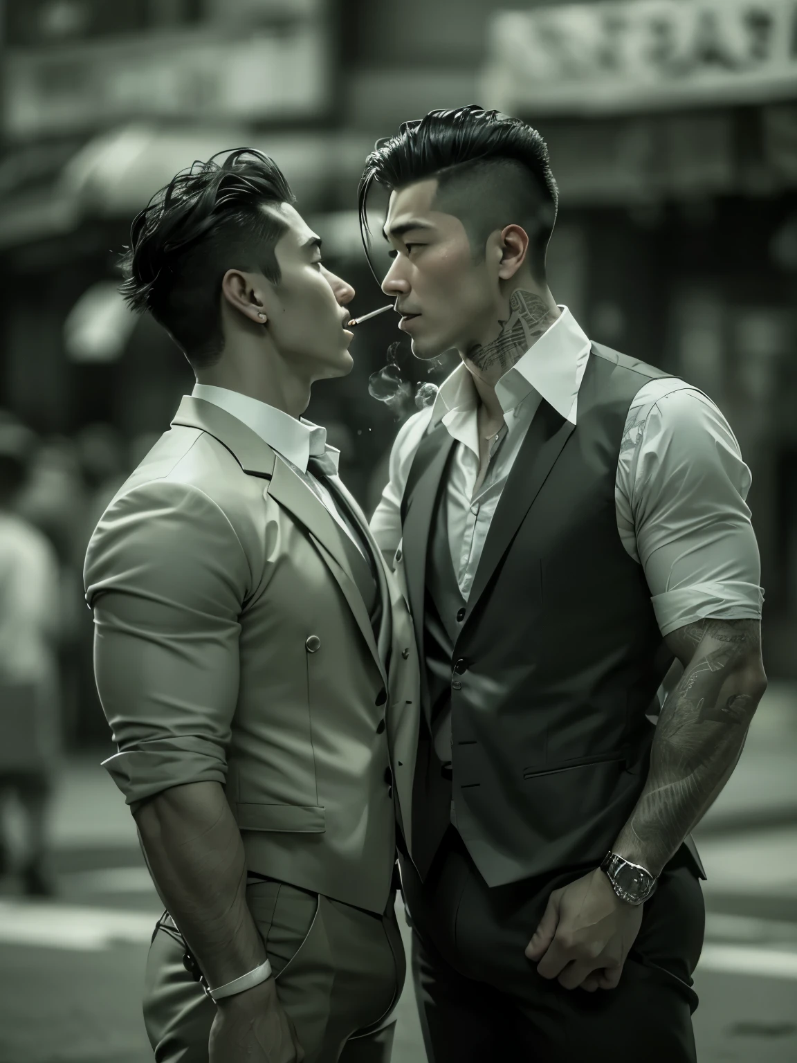 Masterpiece, Best Quality, two men, (handsome tanned 30 year old mature-looking japanese Man, very well-dressed fancy mafia gangster with a lit cigarette in one hand, has tattoos), (muscular 30 year old very fair -faced muscular taiwanese man, dressed simply as a roadside vendor), they hold each other, slow dancing, both keep opened eyes, they kiss while looking at each other lovingly, delicate stylish hair, exposed chest, holding hands, sharp focus, photorealistic, perfect hands, perfect fingers, perfect faces, full body in frame, zoom out, perfection, creative artistic framing, creative artistic angle, cinematic blockbuster movie promotion poster style, hongkong in the 70s setting, dramatic lighting, cinematic lighting, ((romantic atmosphere)), gay, homoerotic, big bulge, bubble butt, the scene evokes beautiful emotions of immense love and nostalgia, nostalgic