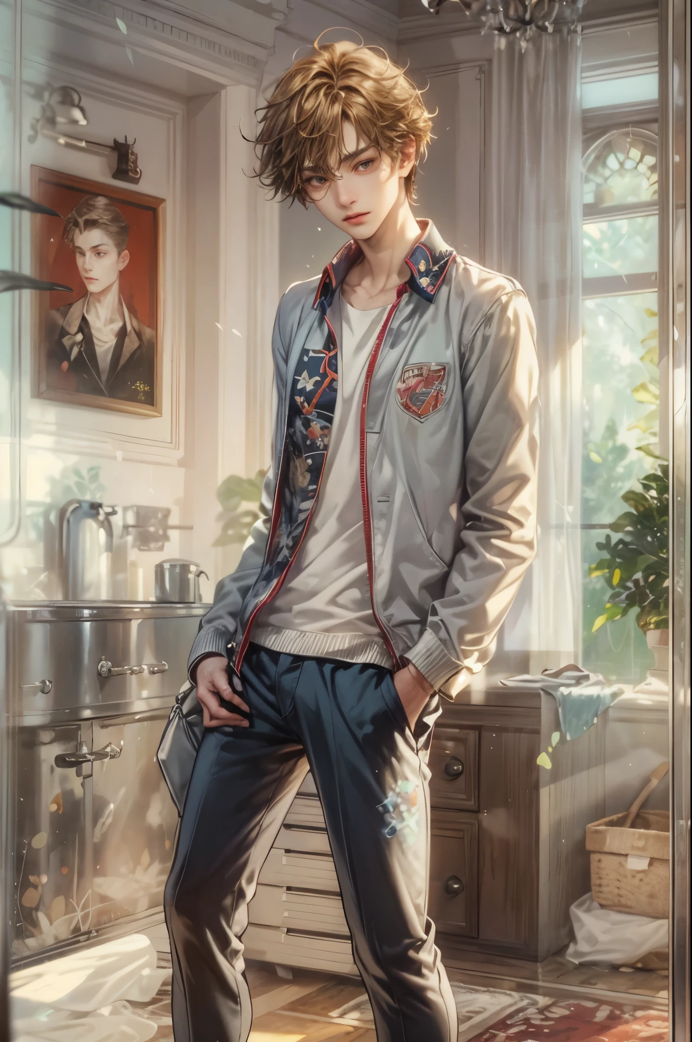 (masterpiece, best quality) character from highschool musical, handsome boy, anime face, with short hair, stylish clothes , modern home interior details