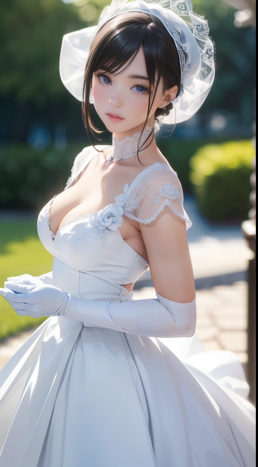 (photo realistic: 1.55), masterpiece, best quality, intricately detailed, blurry, shallow depth_of_field, blurry_background, selectively blurred_foreground, lone girl, clad in white dress, donning white gloves, gloved hands slightly blurred due to motion. (photorealistic image)