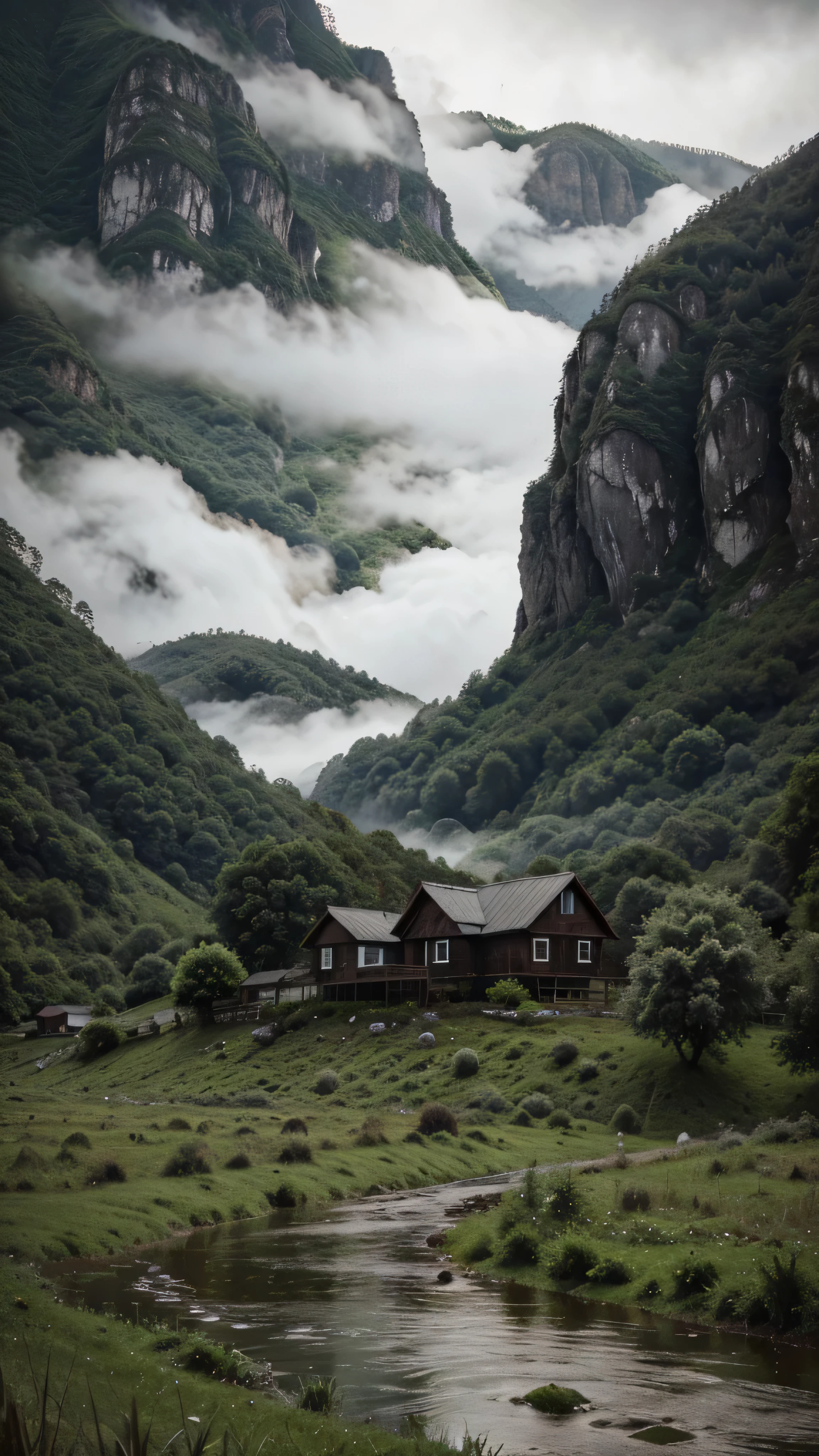 View from a distance of an Old house under green mountain, with river, water drop, cloudy weather and heaven rain, dark cloudy, high resolution, 8k, detail object