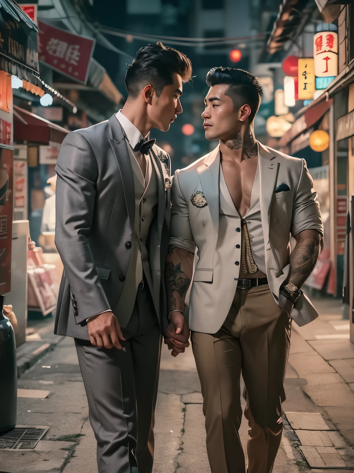 Masterpiece, Best Quality, two men, (handsome tanned 30 year old mature-looking japanese Man, very well-dressed fancy mafia gangster with a lit cigarette in one hand, has tattoos), (muscular 30 year old very fair baby-faced muscular taiwanese man, dressed simply as a roadside vendor), they hold each other, slow dancing, both keep opened eyes, they kiss while looking at each other lovingly, delicate stylish hair, exposed chest, holding hands, sharp focus, photorealistic, perfect hands, perfect fingers, perfect faces, full body in frame, zoom out, perfection, creative artistic framing, creative artistic angle, cinematic blockbuster movie promotion poster style, hongkong in the 70s setting, dramatic lighting, cinematic lighting, ((romantic atmosphere)), gay, homoerotic, big bulge, bubble butt, the scene evokes beautiful emotions of immense love and nostalgia, nostalgic