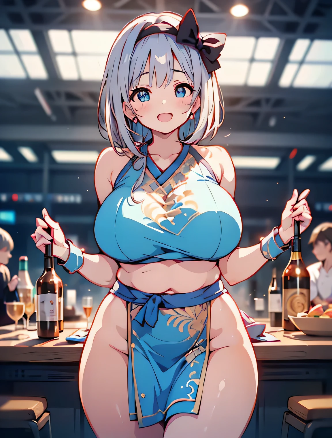 Erotic Anime Illustration、High resolution、A plump gal who seduces at a banquet hall、beautiful eyes、lovelive、Youmkompak、gathered skirt、ecstatic expression、Overwhelming huge breasts that go beyond common sense、thick legs with fat、perfect proportions、cowboy shot