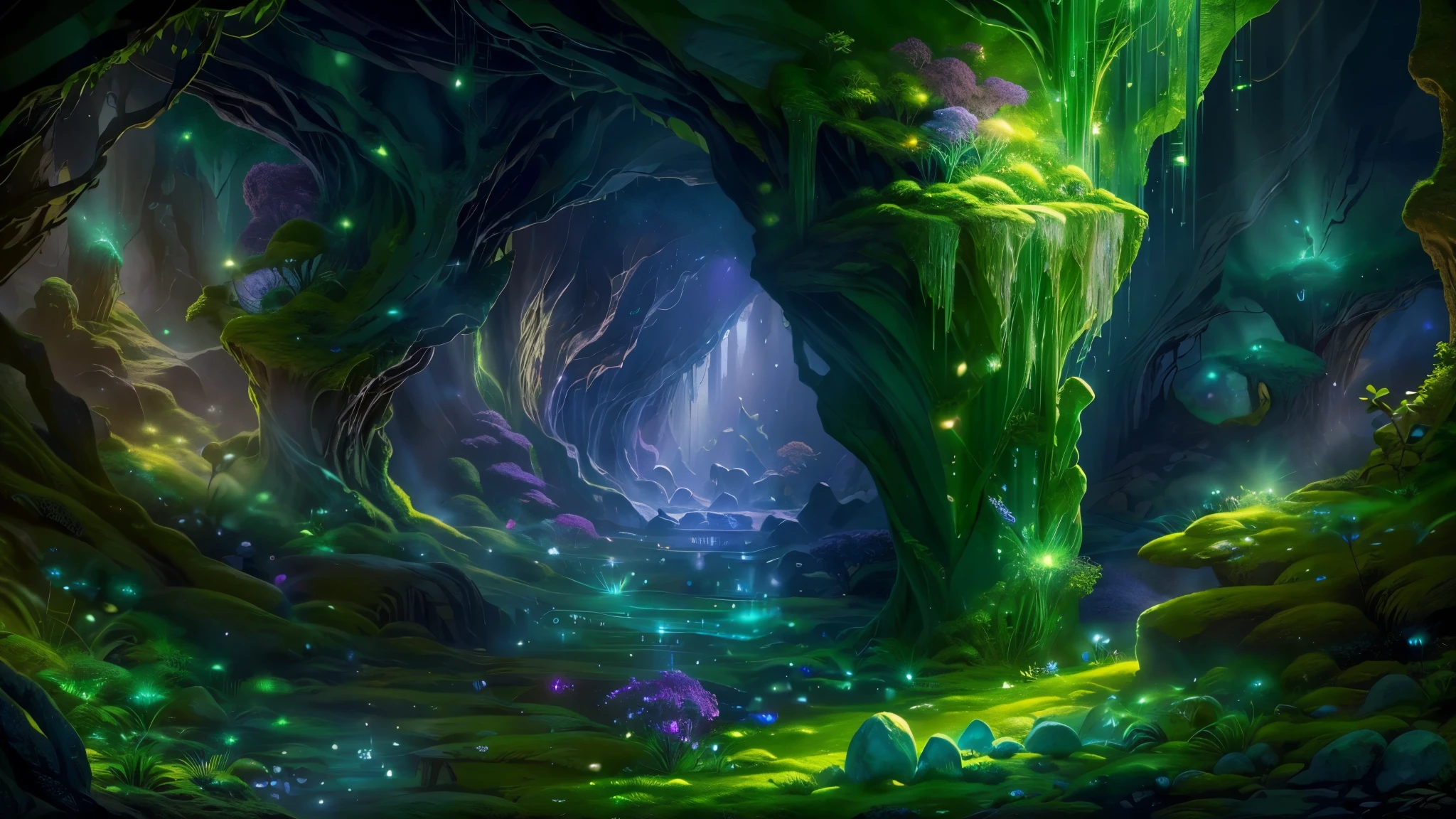 A panoramic view of a majestic cave filled with shimmering gems, creating a mystical atmosphere. The high-resolution image will showcase the intricate details of the gems, making it a true masterpiece. The cave is expansive, with stalactites and stalagmites forming unique and awe-inspiring structures. The gems are scattered throughout the cave, illuminating the surroundings with their radiant light. The colors are vivid, with a mix of deep blues, vibrant greens, and sparkling purples. The lighting is perfectly balanced, highlighting the beauty of the gems and casting soft shadows on the cave walls. The overall image quality is of the highest standard, capturing every fine detail in Ultra-HD resolution. It is a mesmerizing artwork that combines the natural beauty of the cave with the enchanting allure of the shining gems.