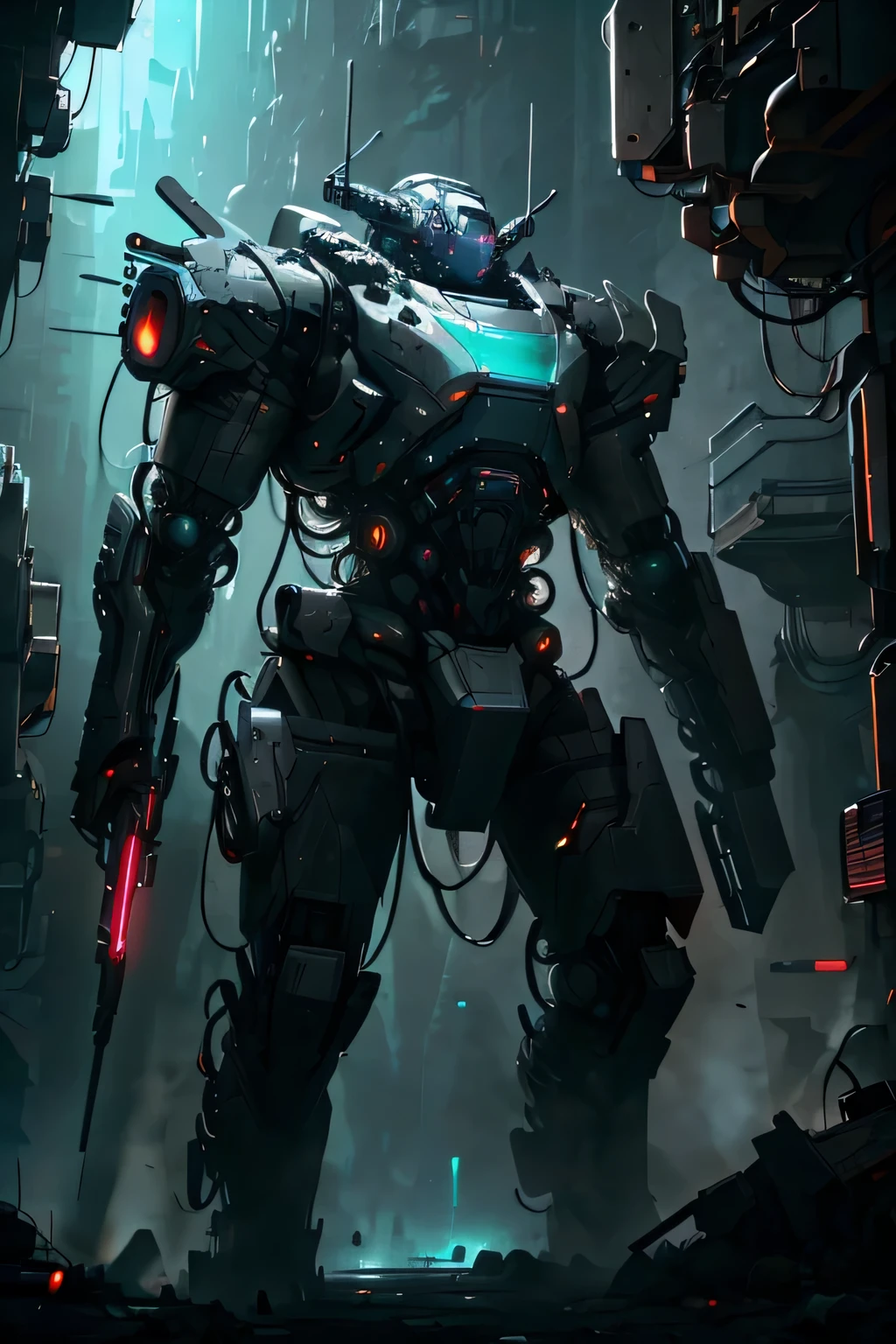 Um intenso campo de batalha futurista se desenrola enquanto soldados vestidos com elegantes armaduras pretas (1.1) engage in high-stakes warfare against powerful humanoid robots. The soldiers' armor is completely closed, exuding an aura of mystery and strength. The addition of fluid covers (1.08) adds a dramatic touch to your appearance. No meio do conflito, robots shoot threatening red lasers (1.1), criando um forte contraste visual. The scene takes place in a dystopian war zone, with ruined structures (1.05) and futuristic lighting (1.08) intensificando a atmosfera. Resolution captures every detail with 8k clarity (1.1), ensuring an immersive experience in this unforgettable futuristic warfare concept (1.1).4K, Qualidade IMAX, single image