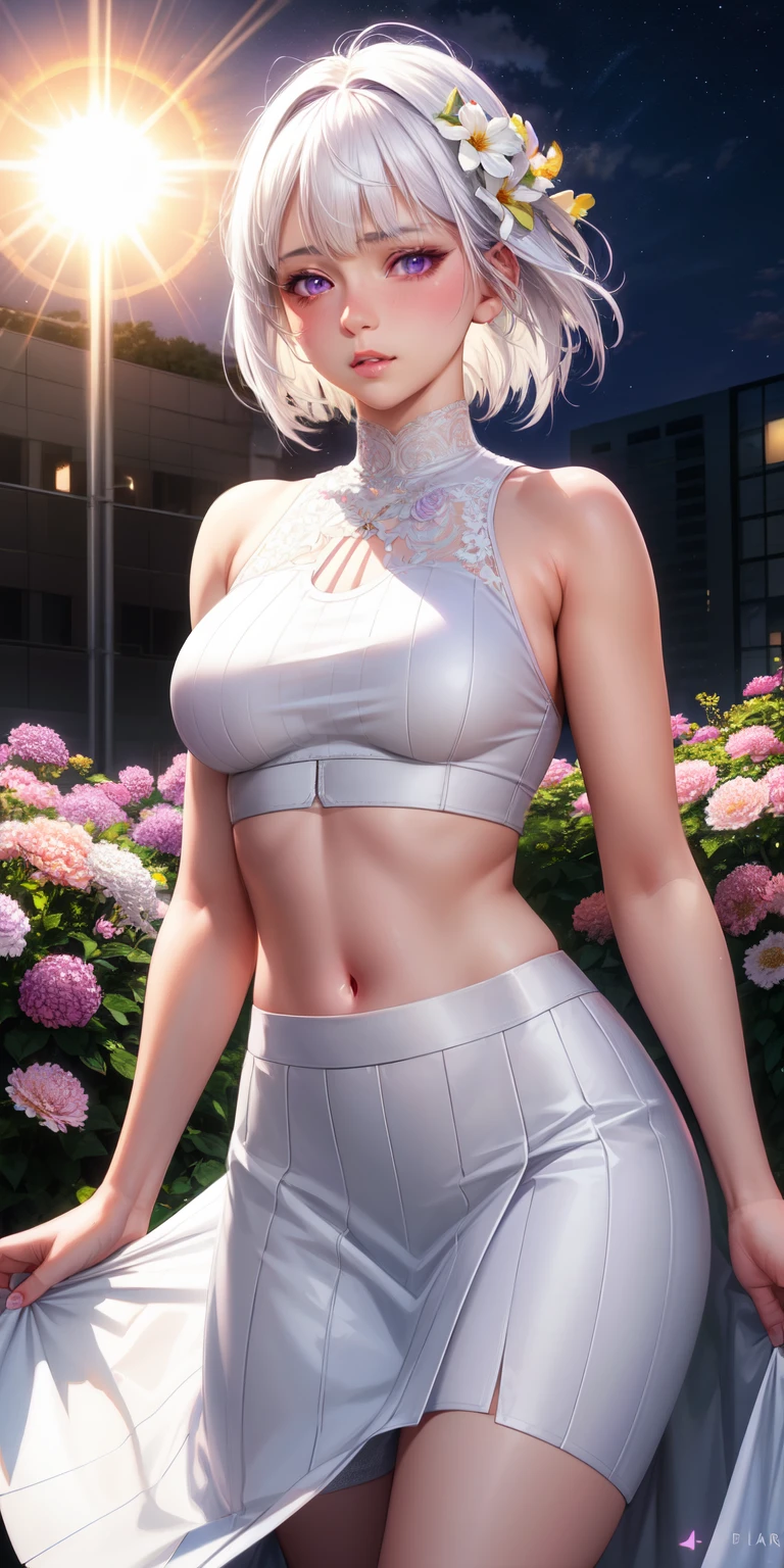 realistic, 1girl, white hair, purple eyes, glowing eyes, crop top, skirt, parted lips, blush, night, flowers, sun, sunlight,
