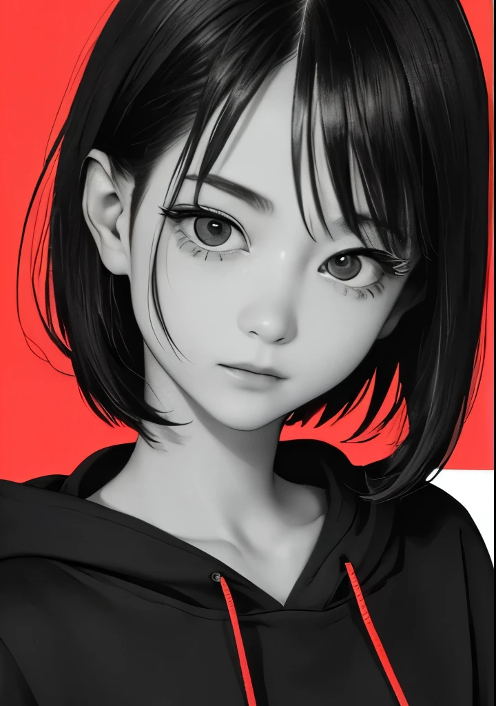 highest quality, masterpiece,4k 8k wallpaper, 1 girl, short hair, hairpin, hoodie, (((close up photo))),  (((monochrome:1))), red background, ((looks embarrassed)), looking at the viewer, shining eyes, glow eyes, Half body