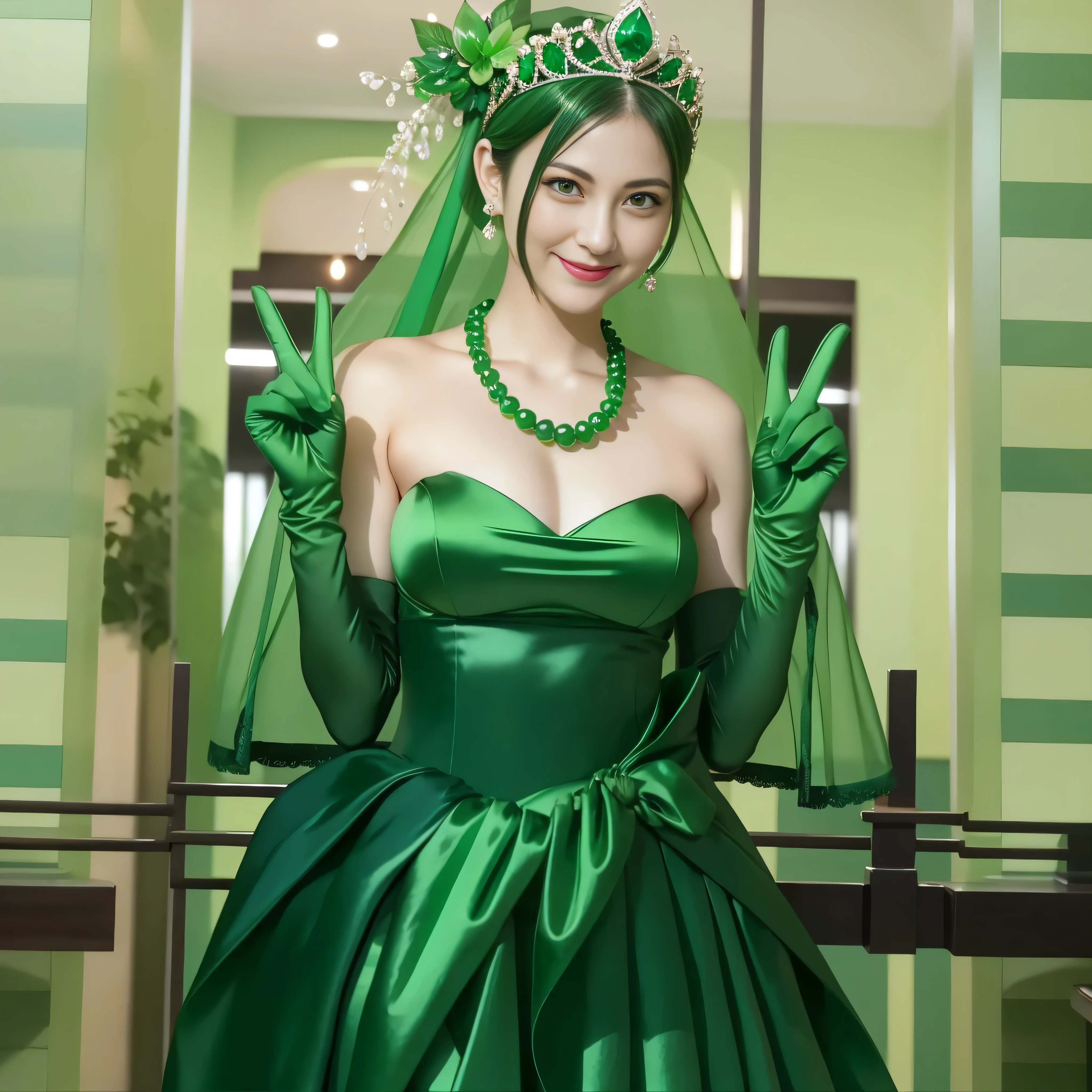 emerald tiara, green pearl necklace, Boyish green berry short hair, lipstick, Smiling Japan woman, very short hair, big breasts beautiful, green eyes, Green long gloves made of satin material, green eyes, V sign, emerald earrings, 30 generation women