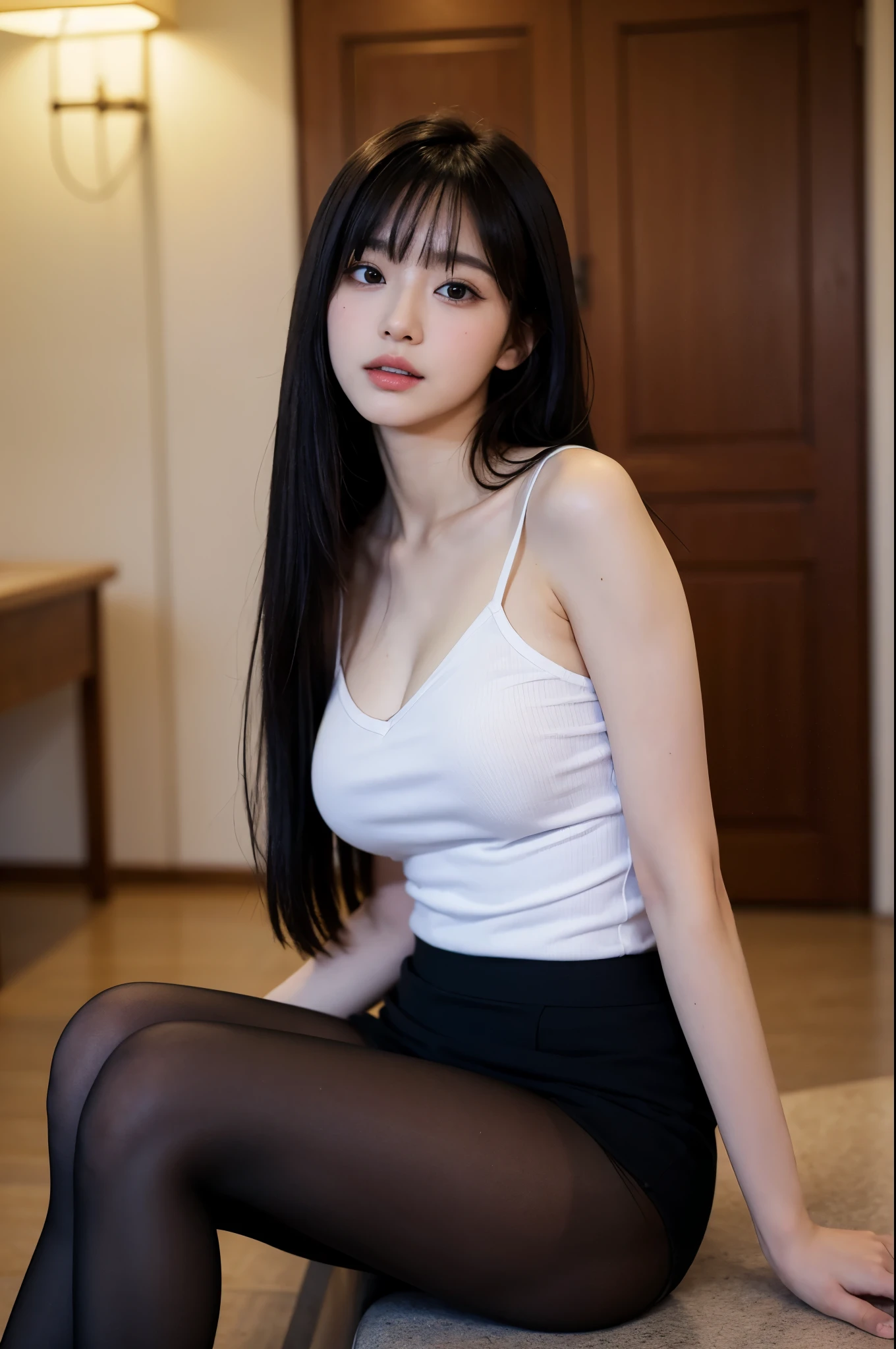 (highest quality, 8k, 32k), masterpiece,(ultra high resolution,realistic:1.4,RAW photo), (Super detailed,caustics),sexy pictures,1girl, big breasts, big breasts, Japanese, black hair, bangs, long hair (long hair: 1.4),pale skin, Beautiful fine details、long eyelashes、summer clothes shirt、Tight-fitting shirt、ribbon tie、skirt、School、Schoolの階段、chest-lifting pose、The focus is on the chest、looks embarrassed、very big round breasts、Beautiful fine details、long eyelashes、beautiful double eyelids、eye shadow、eyeliner、elongated eyes、elongated eyesの形、Three white eyes、beautiful and thin legs、beautiful and thin thighs、(wear pantyhose)、holding my knees, NSFW,